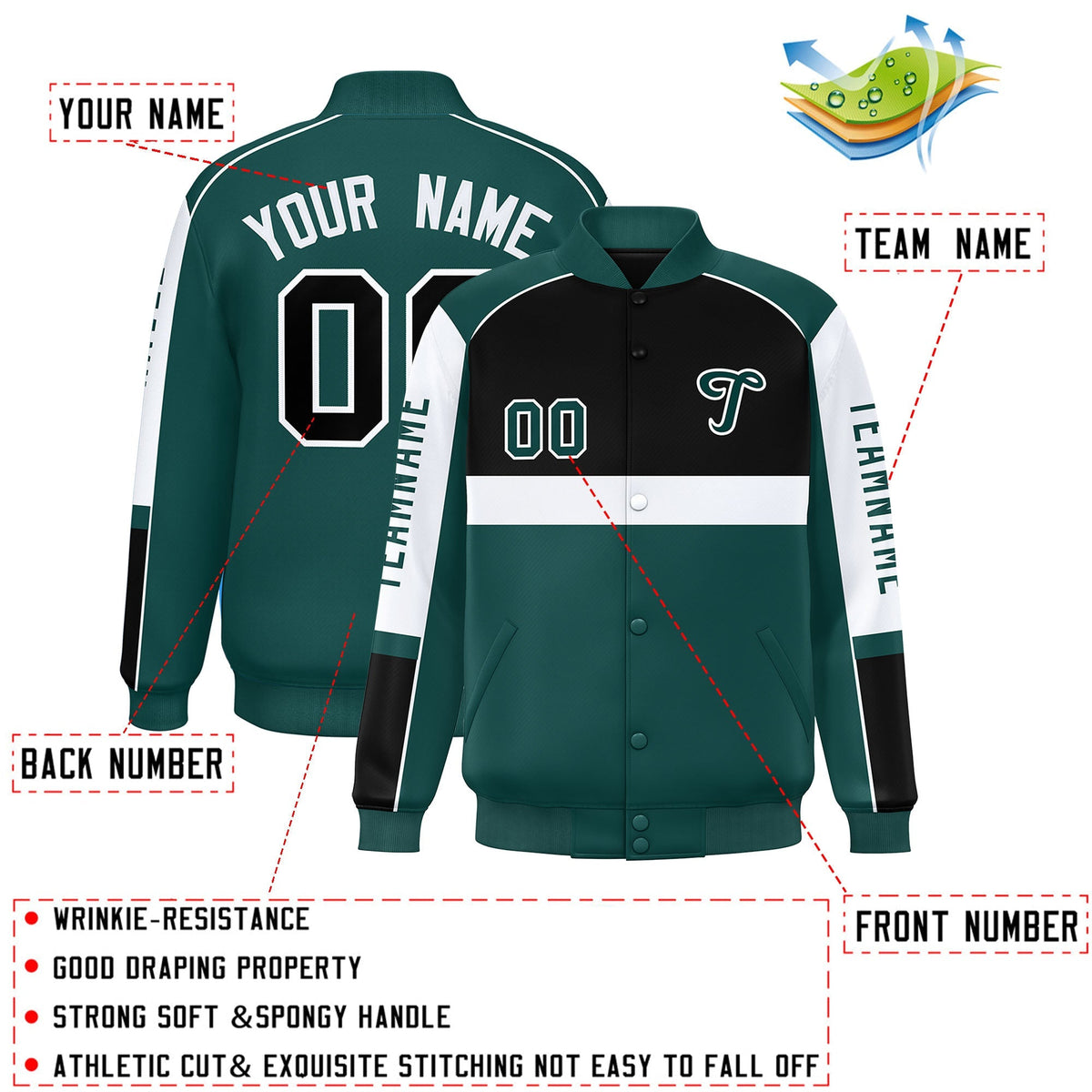 Custom Black Midnight Green Varsity Full-Snap Raglan Sleeves Letterman Jacket