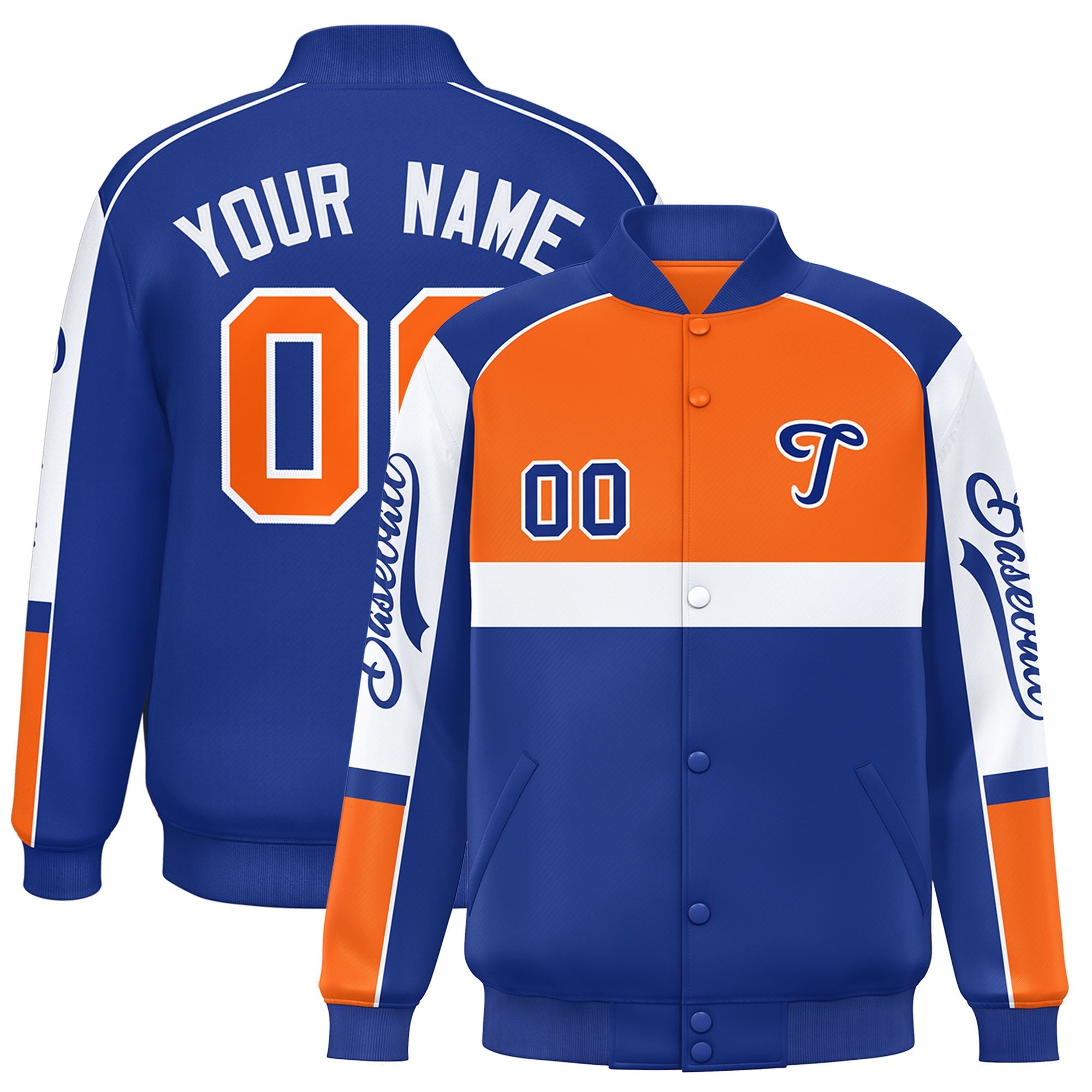 Custom Orange Royal Varsity Full-Snap Raglan Sleeves Letterman Jacket