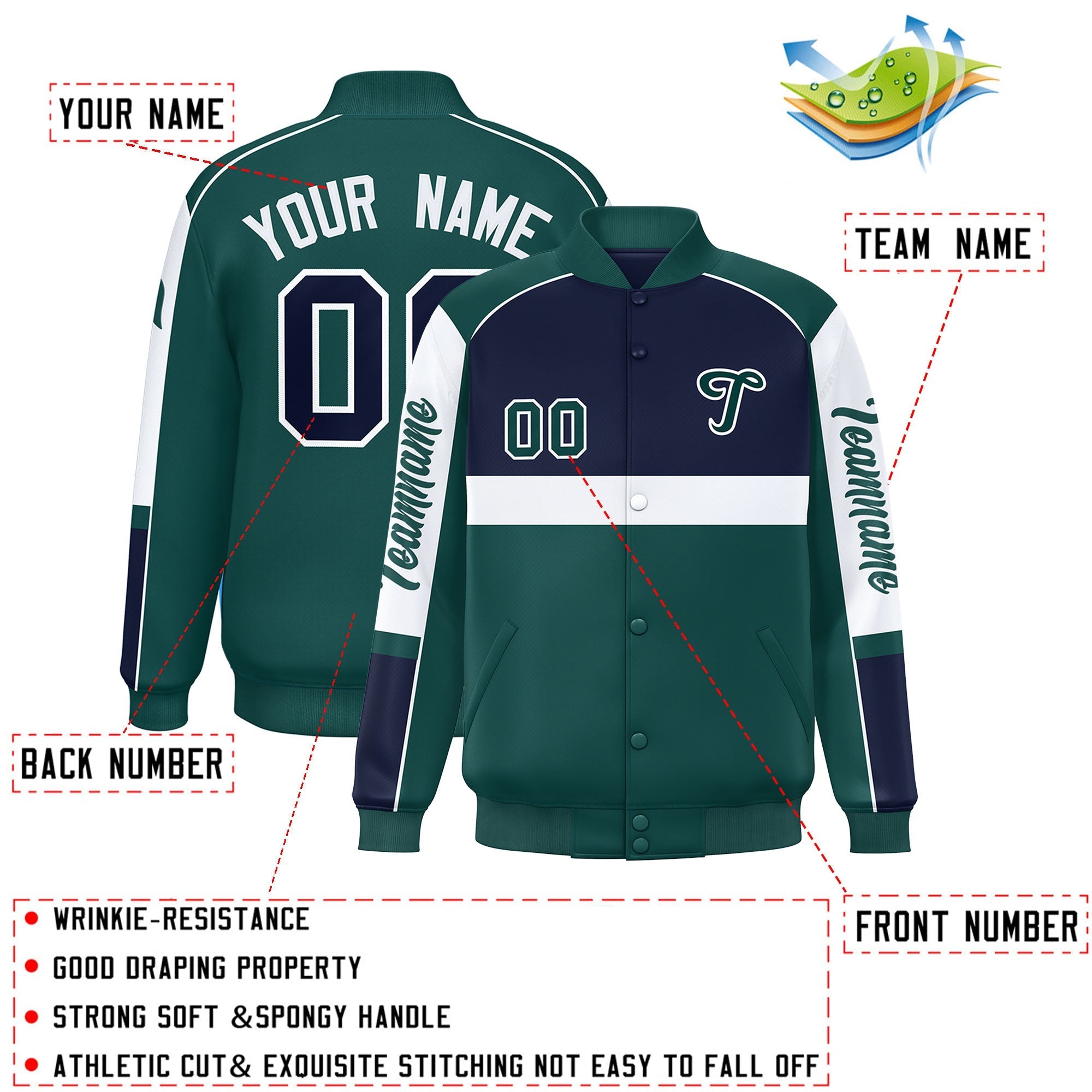 Custom Navy Midnight Green Varsity Full-Snap Raglan Sleeves Letterman Jacket