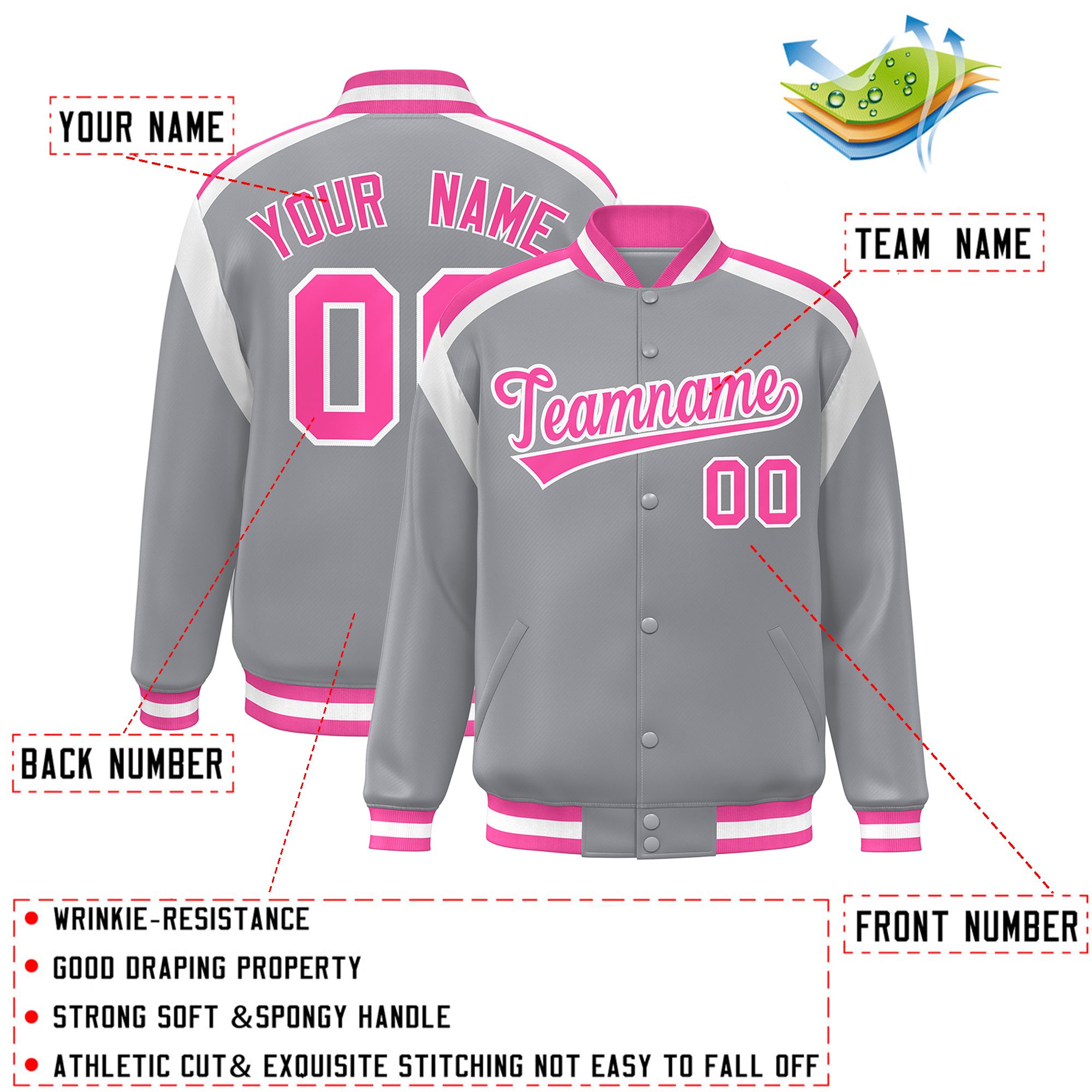 Custom Gray Varsity Full-Snap Color Block Letterman Jacket