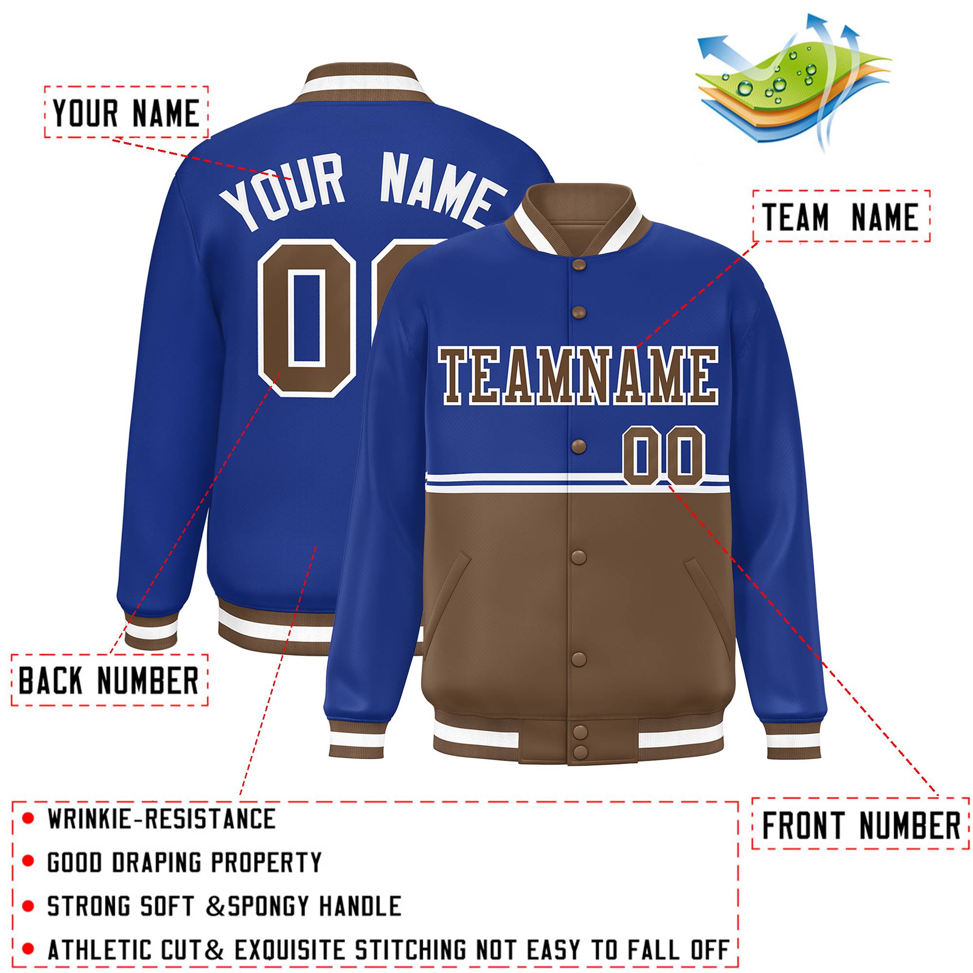 Custom Royal Light Brown Varsity Full-Snap Color Block Letterman Jacket