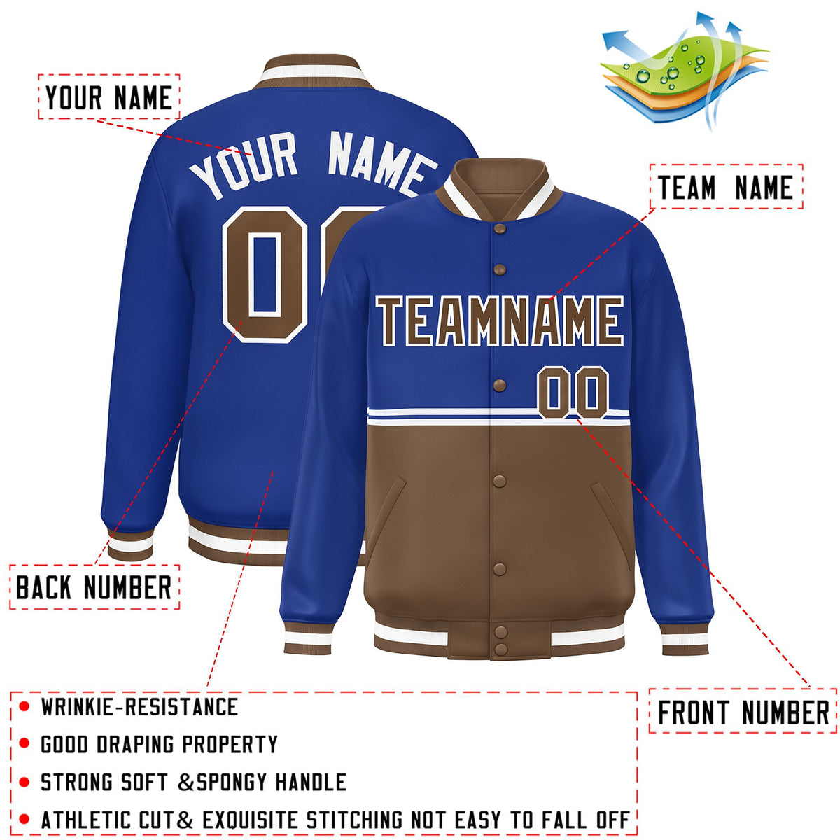 Custom Royal Light Brown Varsity Full-Snap Color Block Letterman Jacket