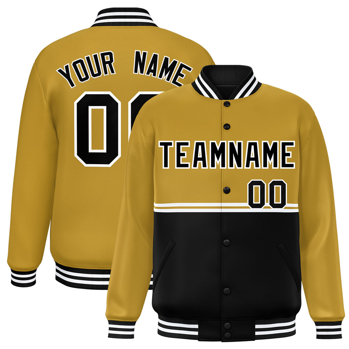 Custom Old Gold Black Varsity Full-Snap Color Block Letterman Jacket