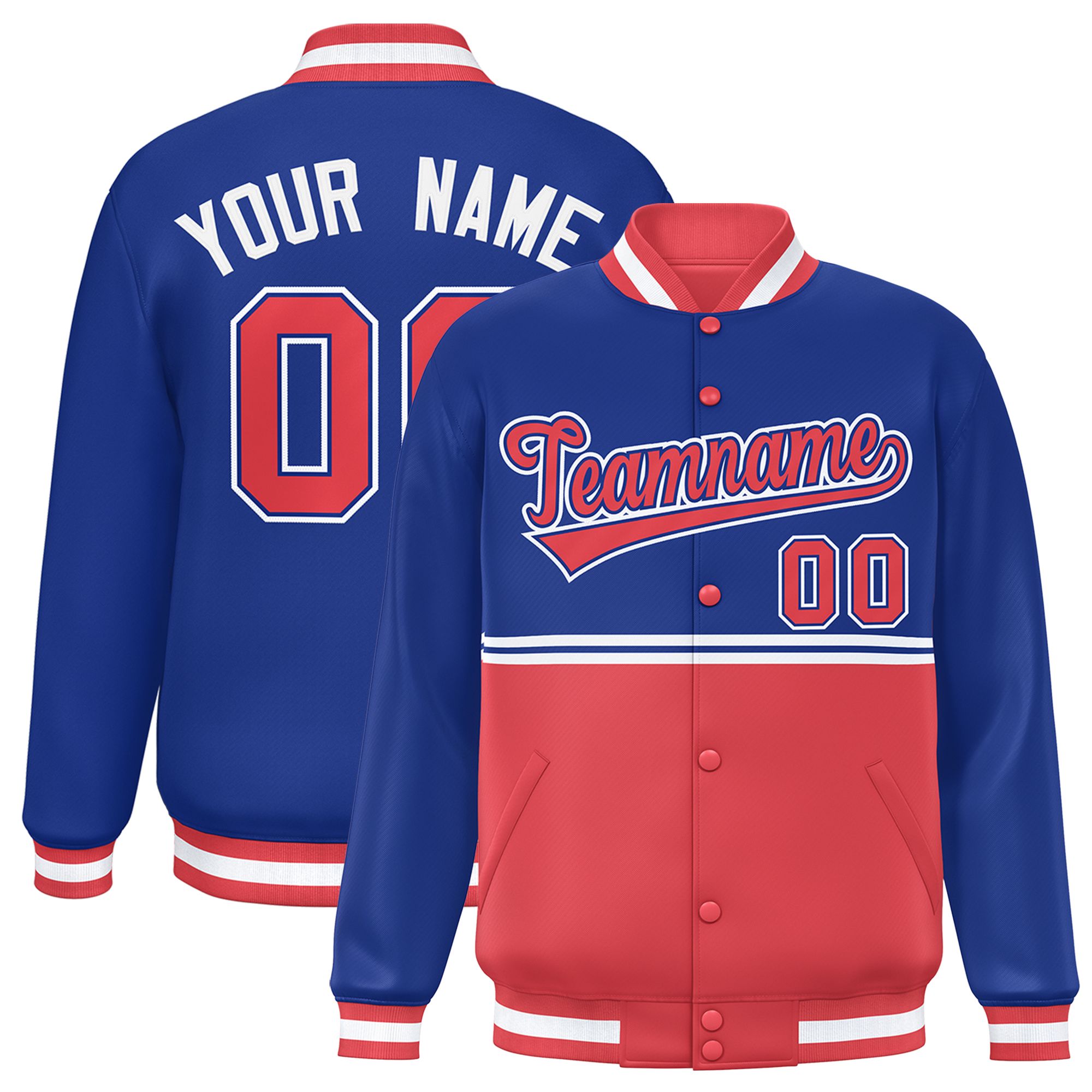 Custom Royal Light Red Varsity Full-Snap Color Block Letterman Jacket