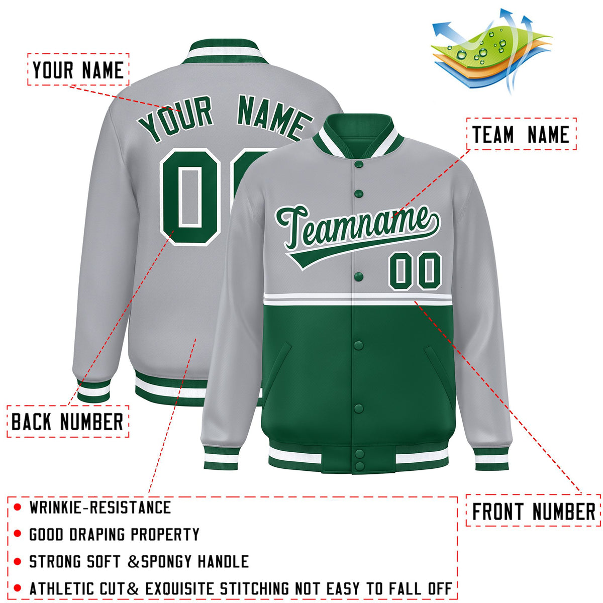 Custom Gray Green Varsity Full-Snap Color Block Letterman Jacket