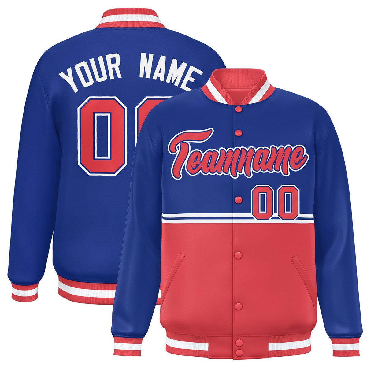 Custom Royal Light Red Varsity Full-Snap Color Block Letterman Jacket