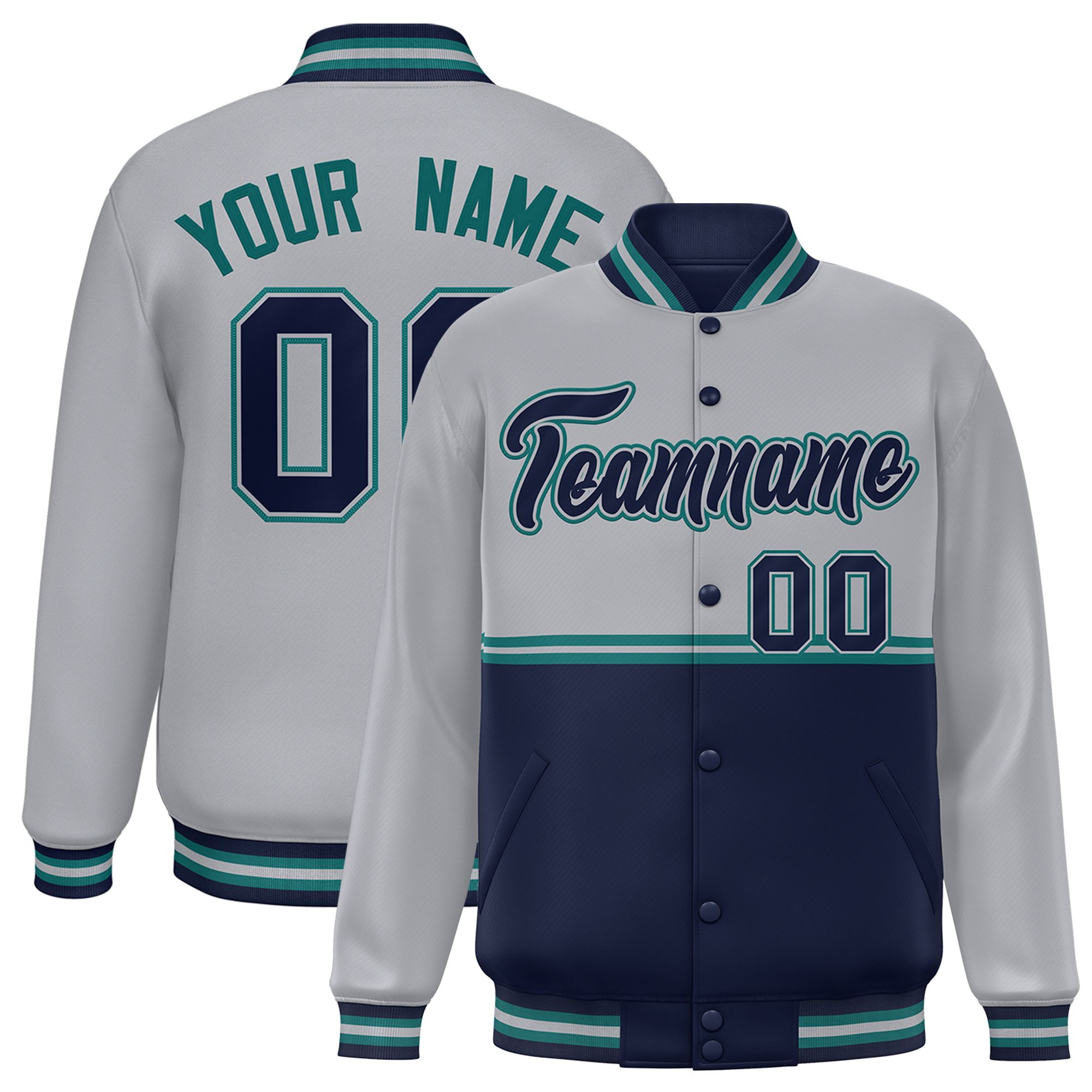 Custom Gray Navy Varsity Full-Snap Color Block Letterman Jacket