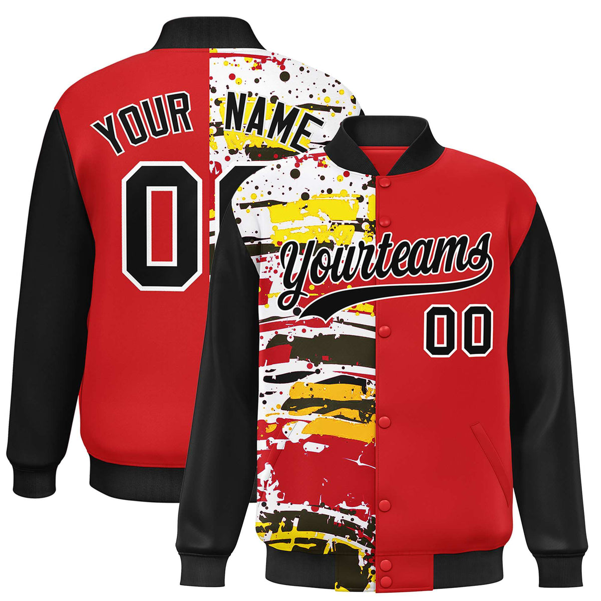 Custom Red Black Varsity Full-Snap Graffiti Pattern Letterman Baseball Jacket