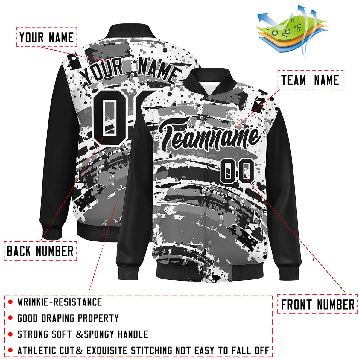 Custom Black Varsity Full-Snap Graffiti Pattern Letterman Baseball Jacket