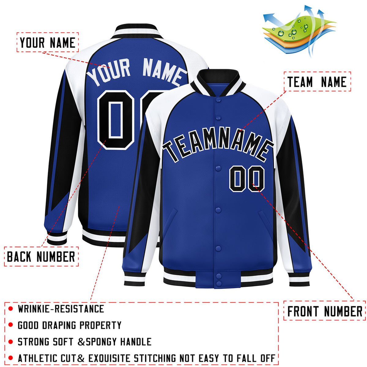 Custom Royal White Varsity Full-Snap Personalized Raglan Sleeves Color Block Letterman Jacket