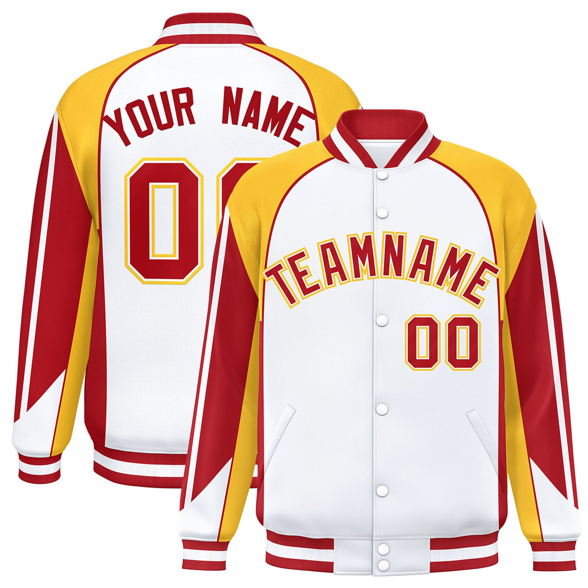 Custom White Gold Varsity Full-Snap Personalized Raglan Sleeves Color Block Letterman Jacket