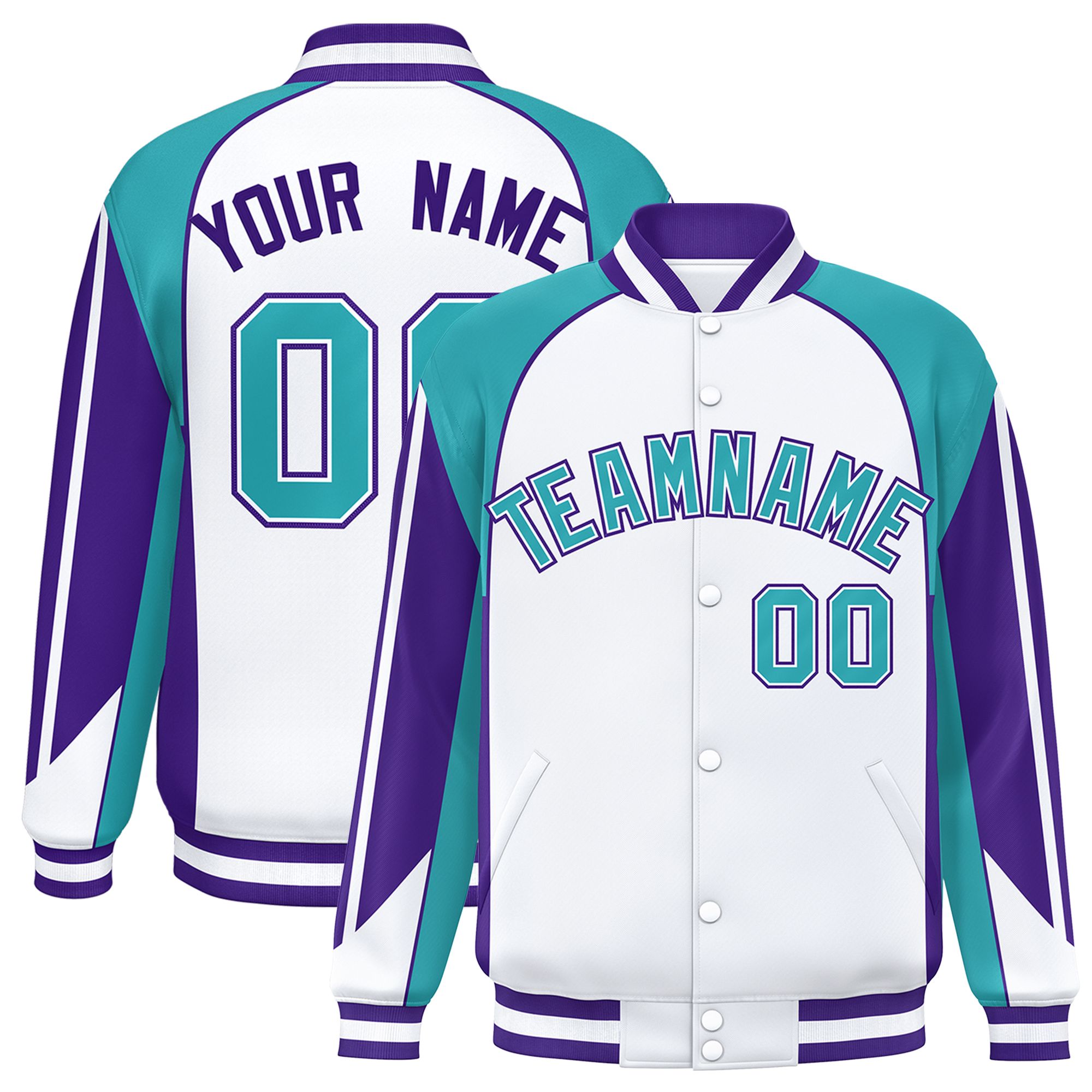 Custom White Aqua Varsity Full-Snap Personalized Raglan Sleeves Color Block Letterman Jacket