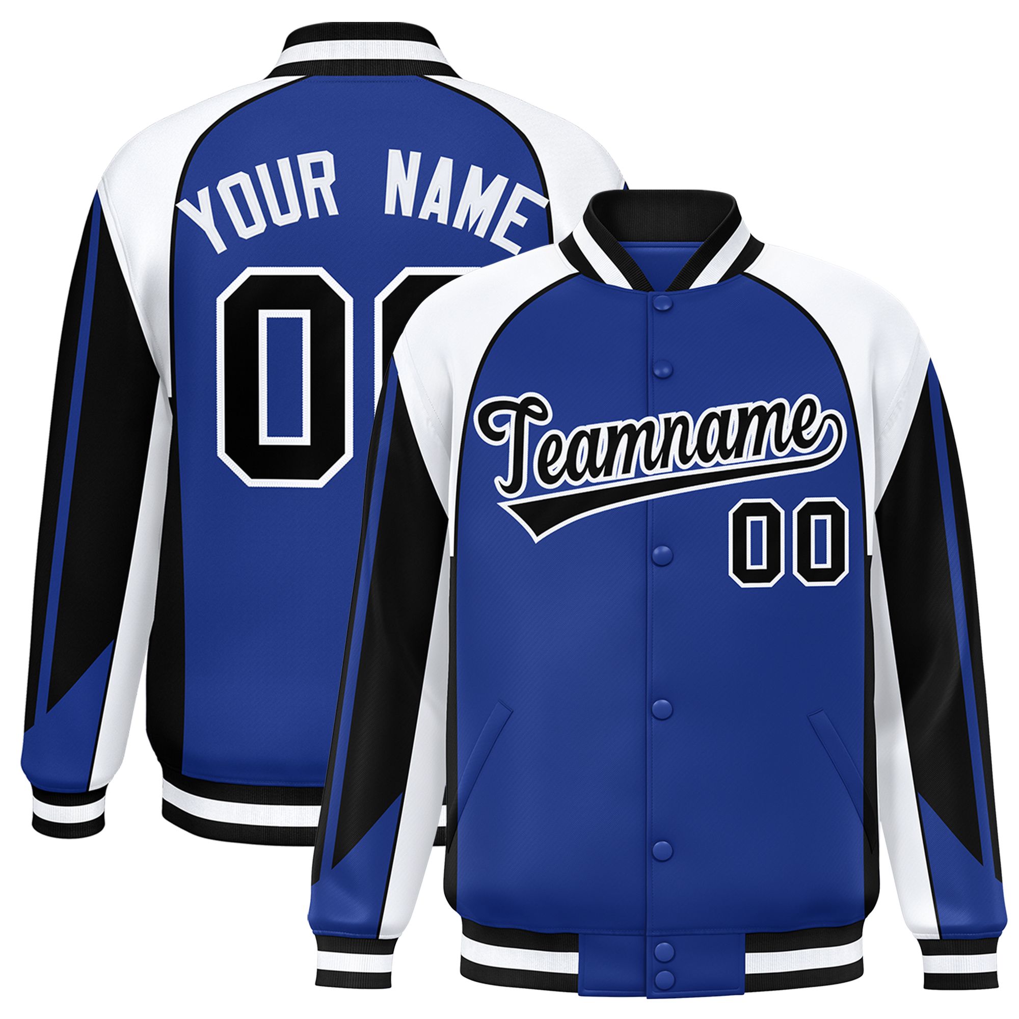 Custom Royal White Varsity Full-Snap Personalized Raglan Sleeves Color Block Letterman Jacket