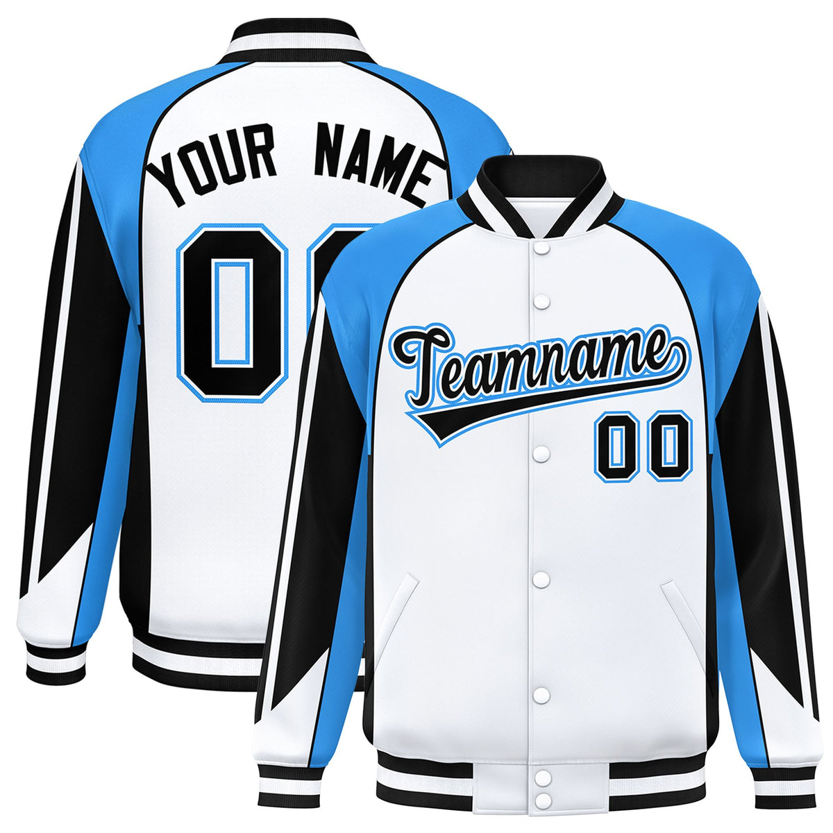 Custom White Powder Blue Varsity Full-Snap Personalized Raglan Sleeves Color Block Letterman Jacket