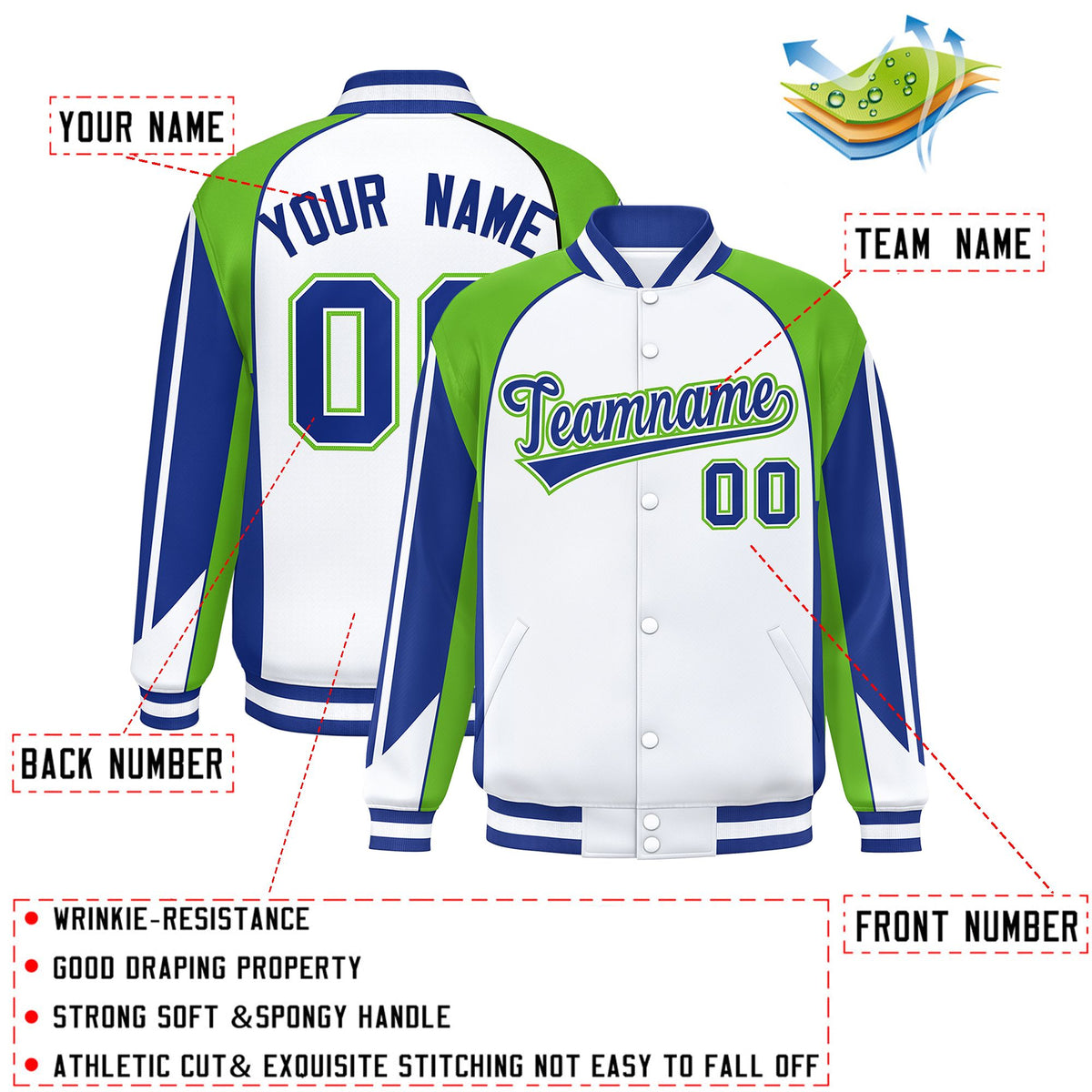 Custom White Green Varsity Full-Snap Personalized Raglan Sleeves Color Block Letterman Jacket