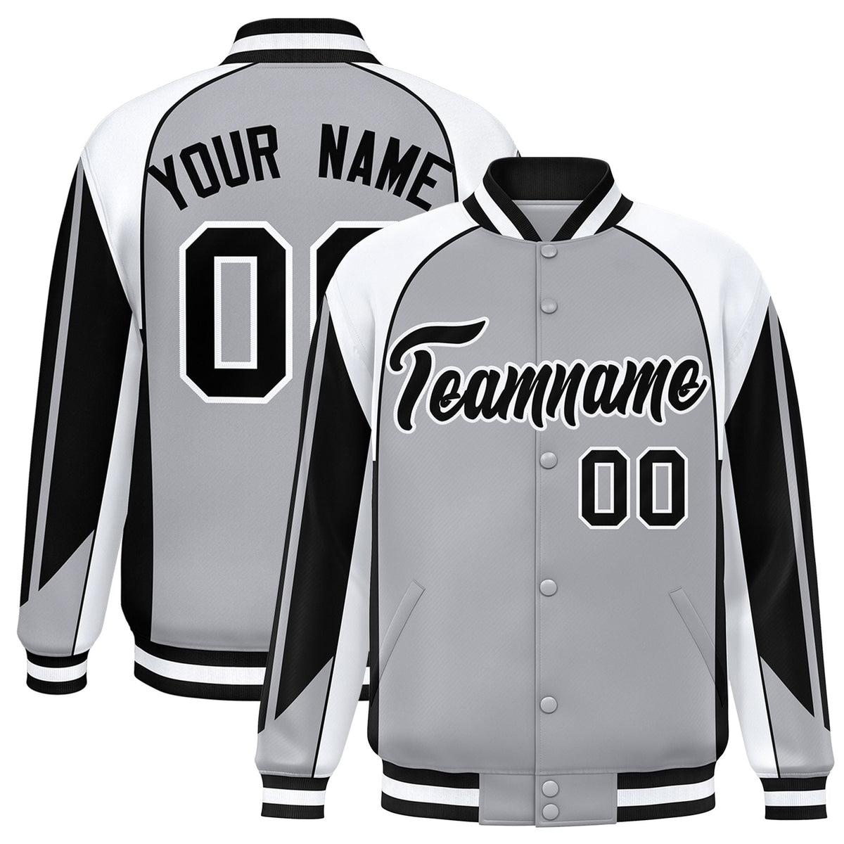 Custom Gray White Varsity Full-Snap Personalized Raglan Sleeves Color Block Letterman Jacket