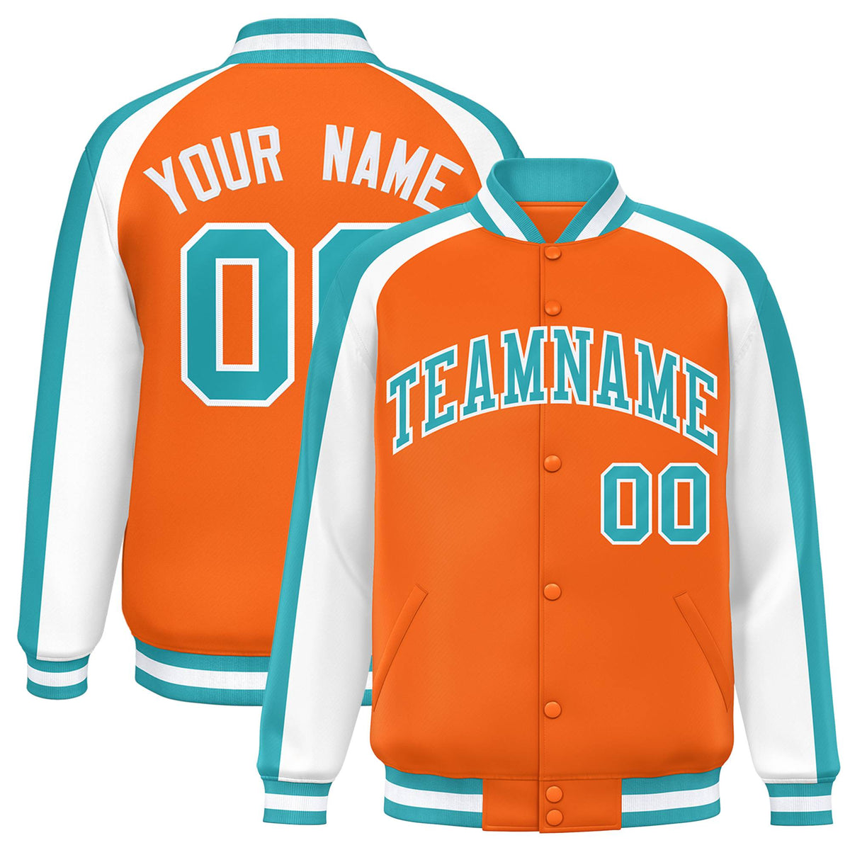 Custom Orange White Varsity Full-Snap Color Block Personalized Raglan Sleeves Letterman Jacket