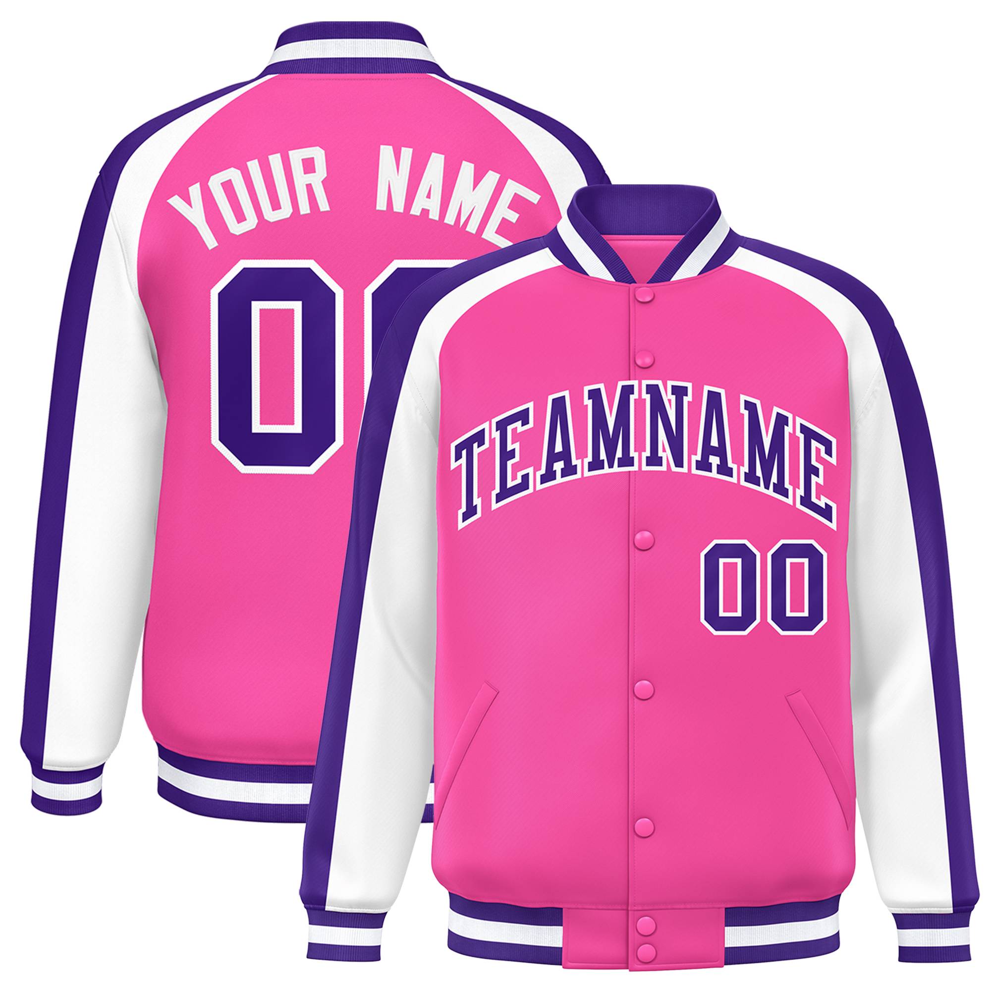 Custom Pink White Varsity Full-Snap Color Block Personalized Raglan Sleeves Letterman Jacket