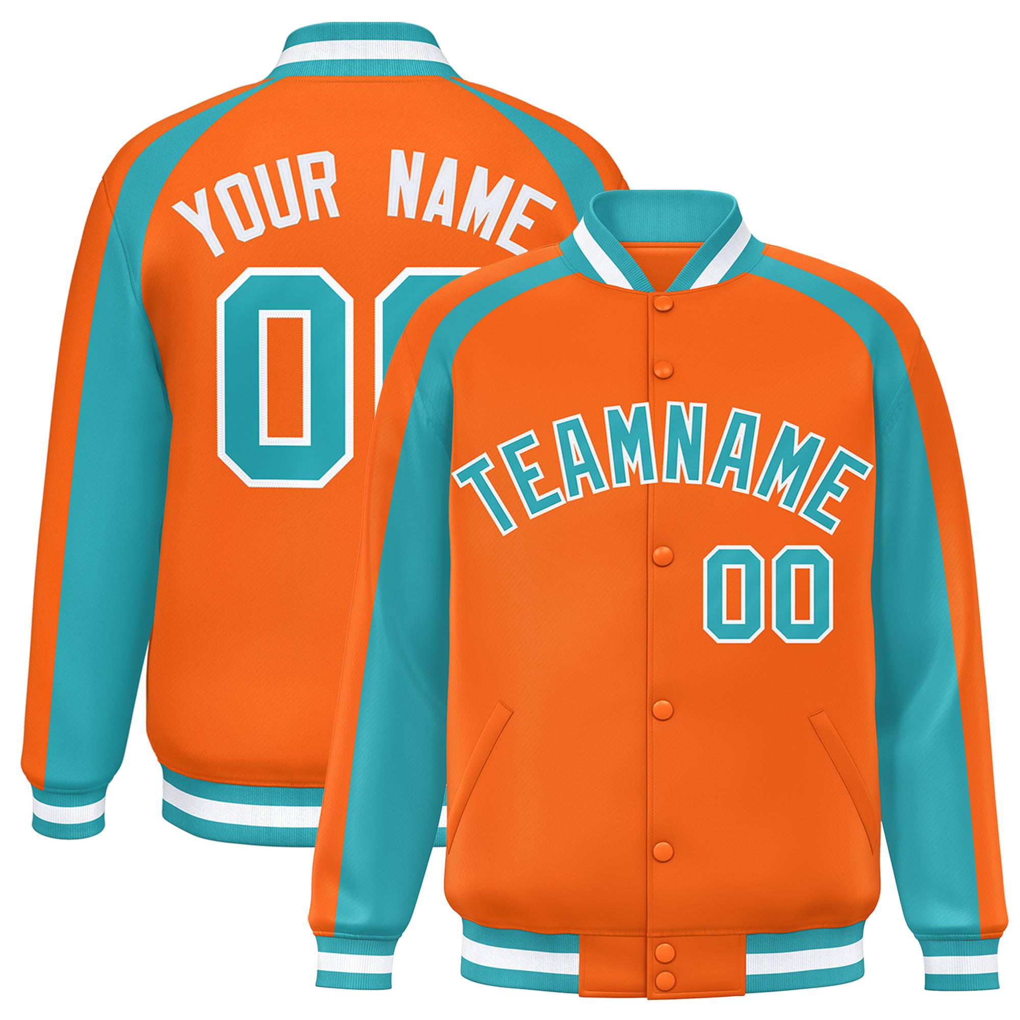 Custom Orange Aqua Varsity Full-Snap Color Block Personalized Raglan Sleeves Letterman Jacket