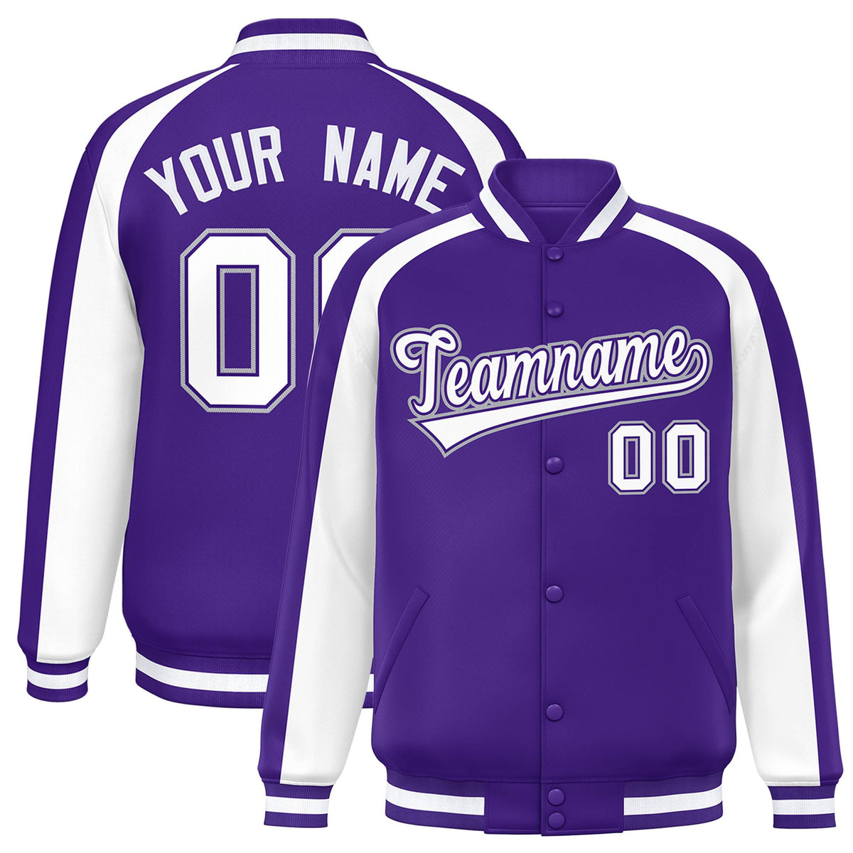 Custom Purple White Varsity Full-Snap Color Block Personalized Raglan Sleeves Letterman Jacket