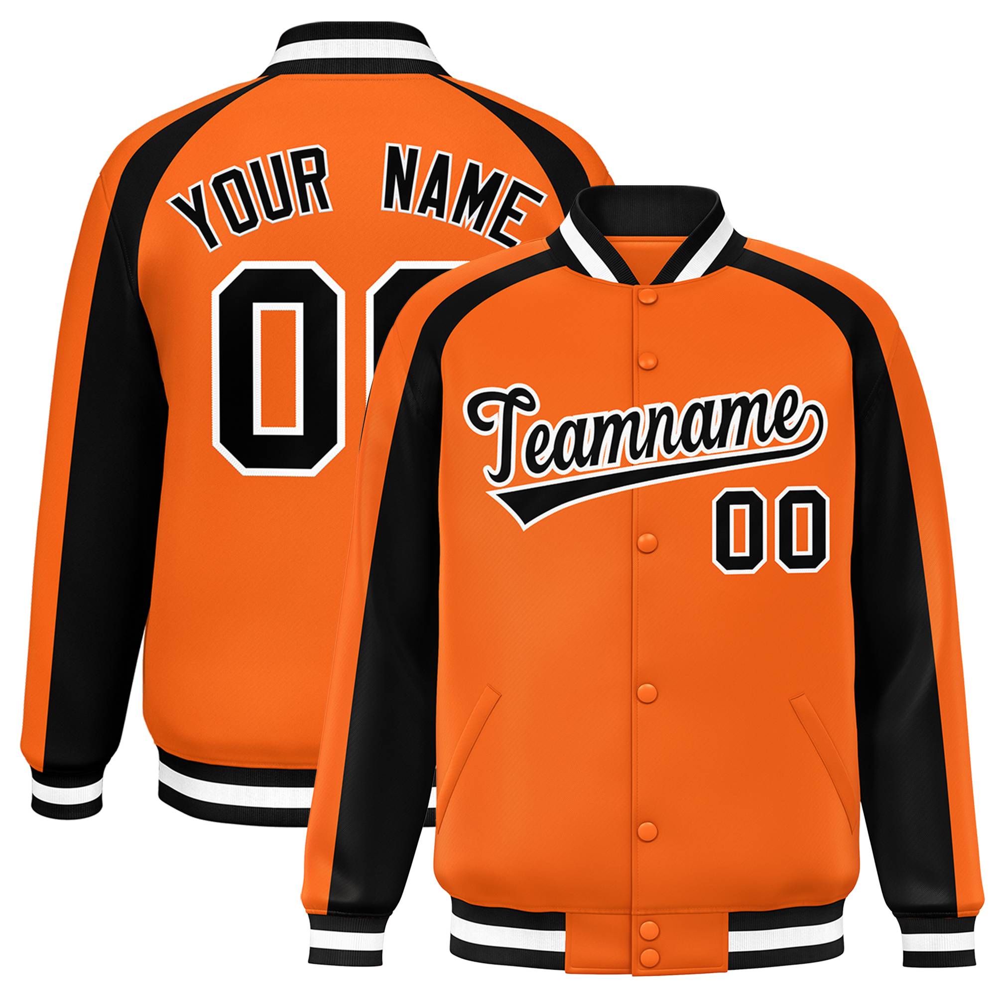 Custom Orange Black Varsity Full-Snap Color Block Personalized Raglan Sleeves Letterman Jacket