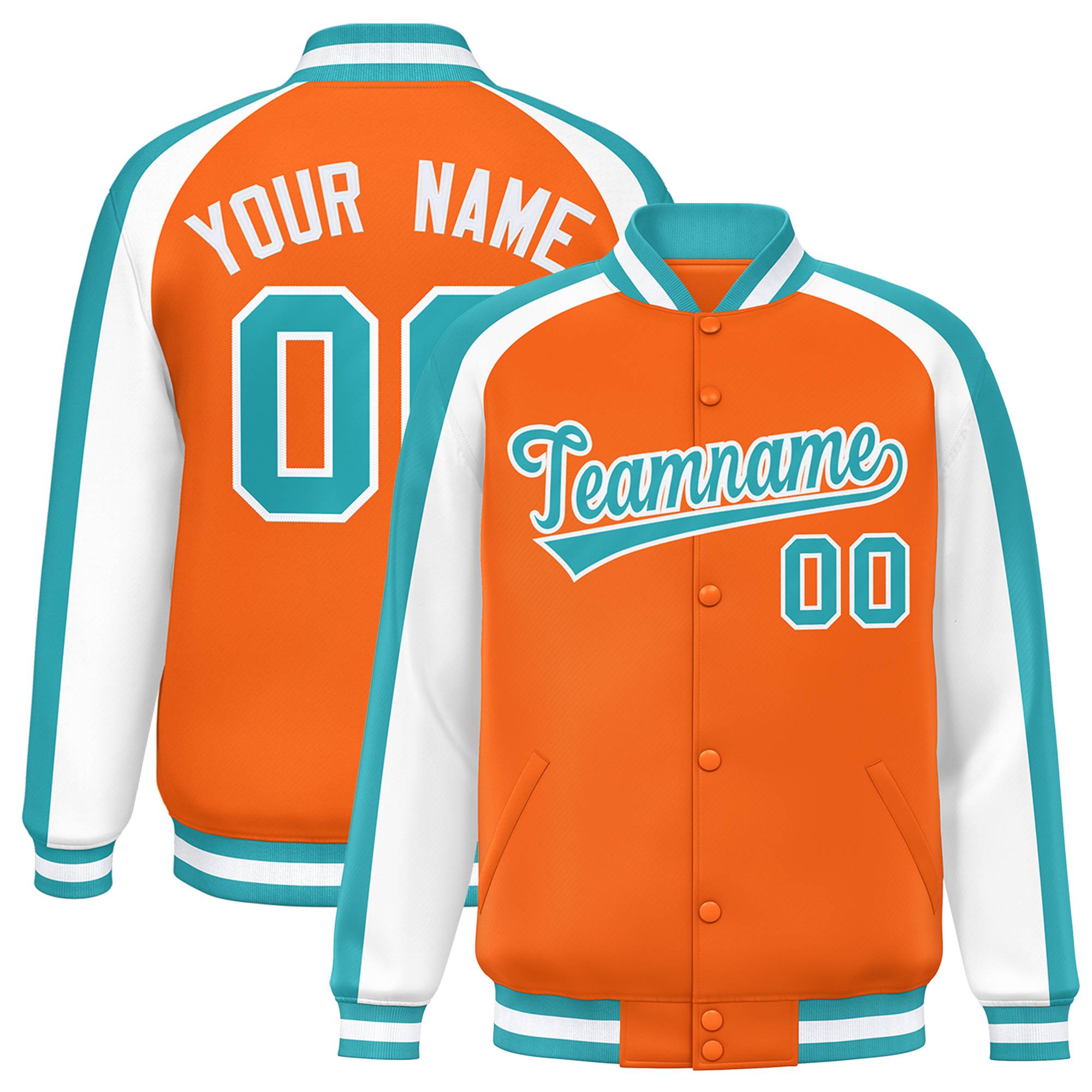 Custom Orange White Varsity Full-Snap Color Block Personalized Raglan Sleeves Letterman Jacket