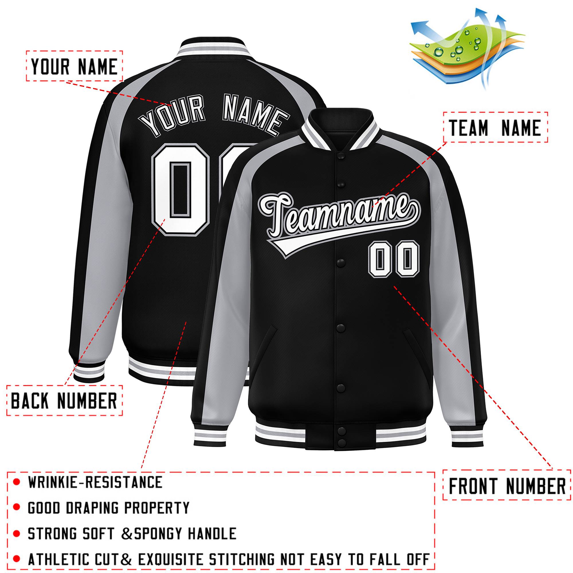 Custom Black Gray Varsity Full-Snap Color Block Personalized Raglan Sleeves Letterman Jacket