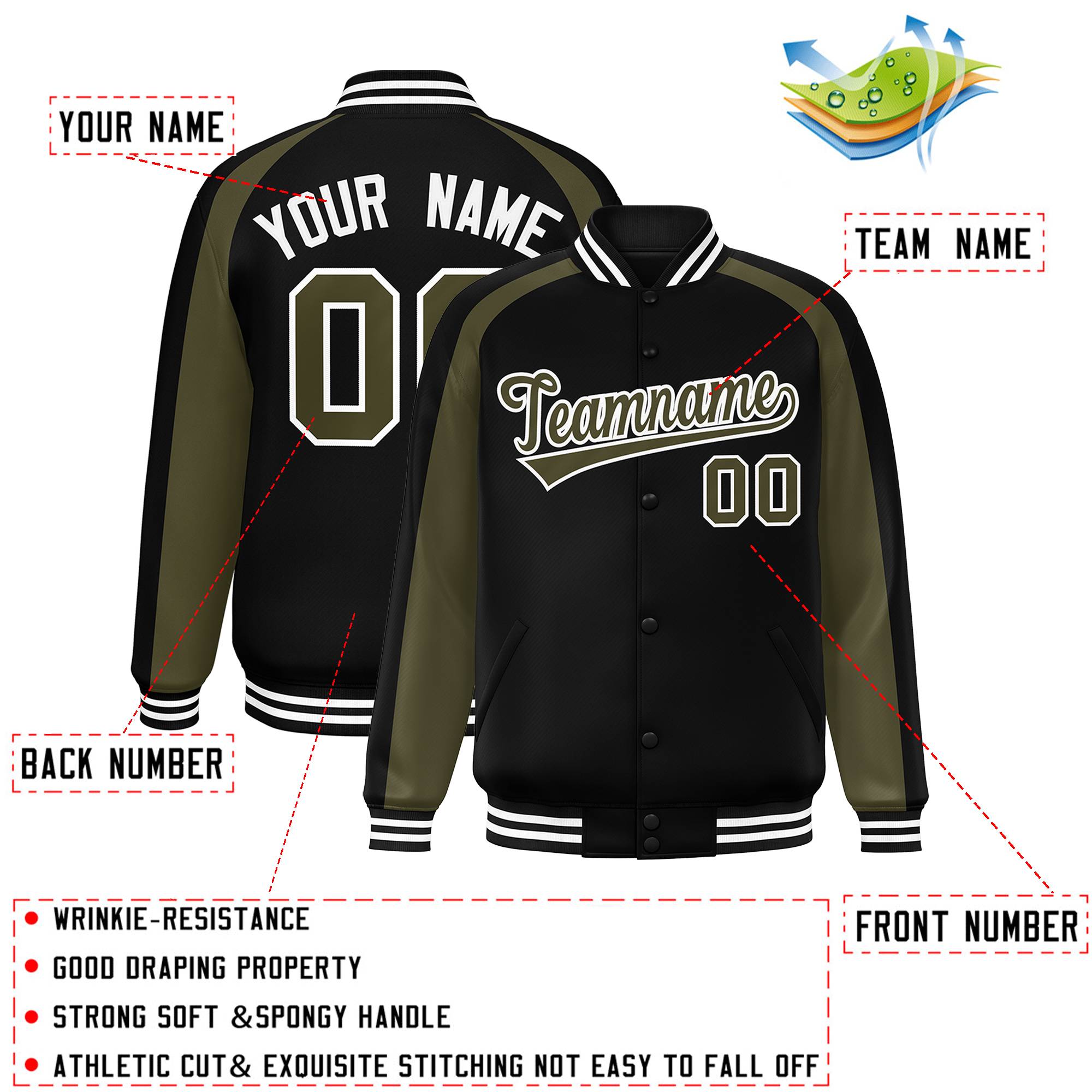 Custom Black Olive Varsity Full-Snap Color Block Personalized Raglan Sleeves Letterman Jacket