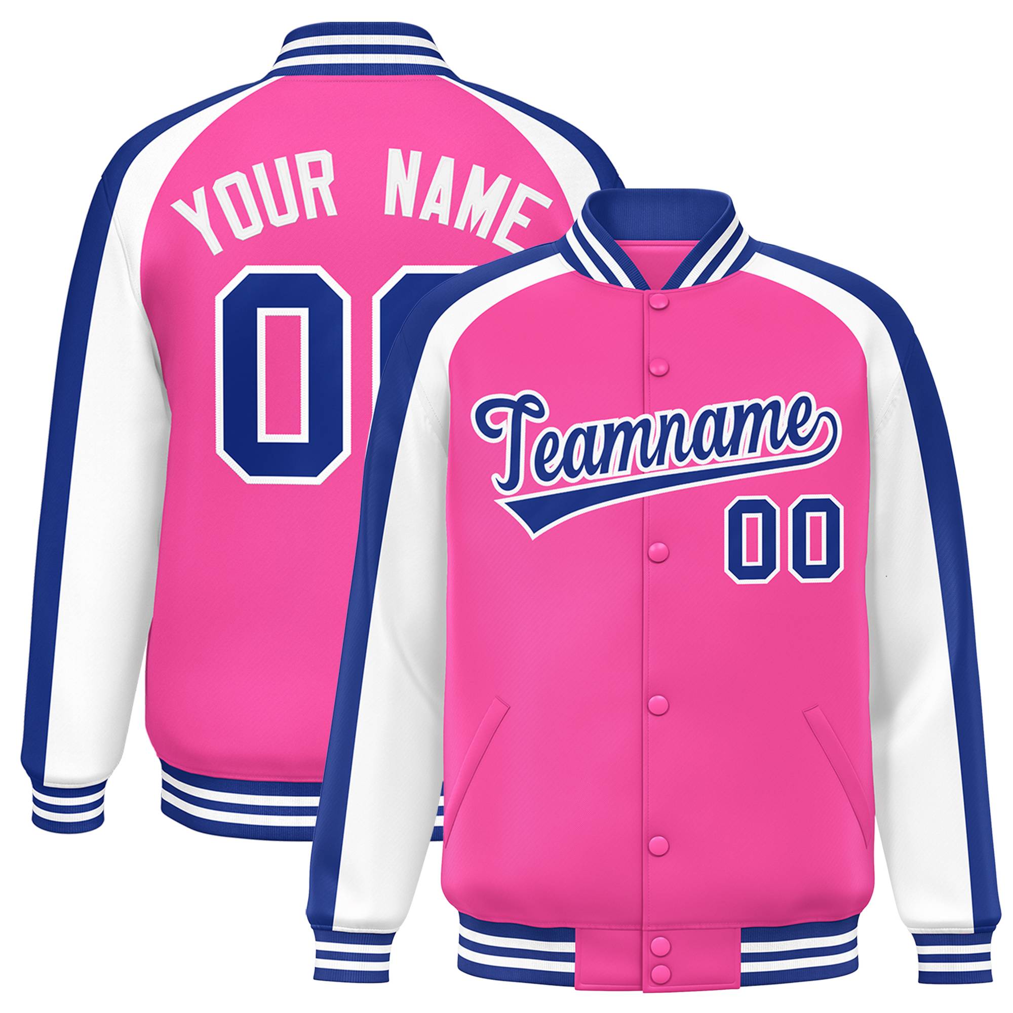 Custom Pink White Varsity Full-Snap Color Block Personalized Raglan Sleeves Letterman Jacket