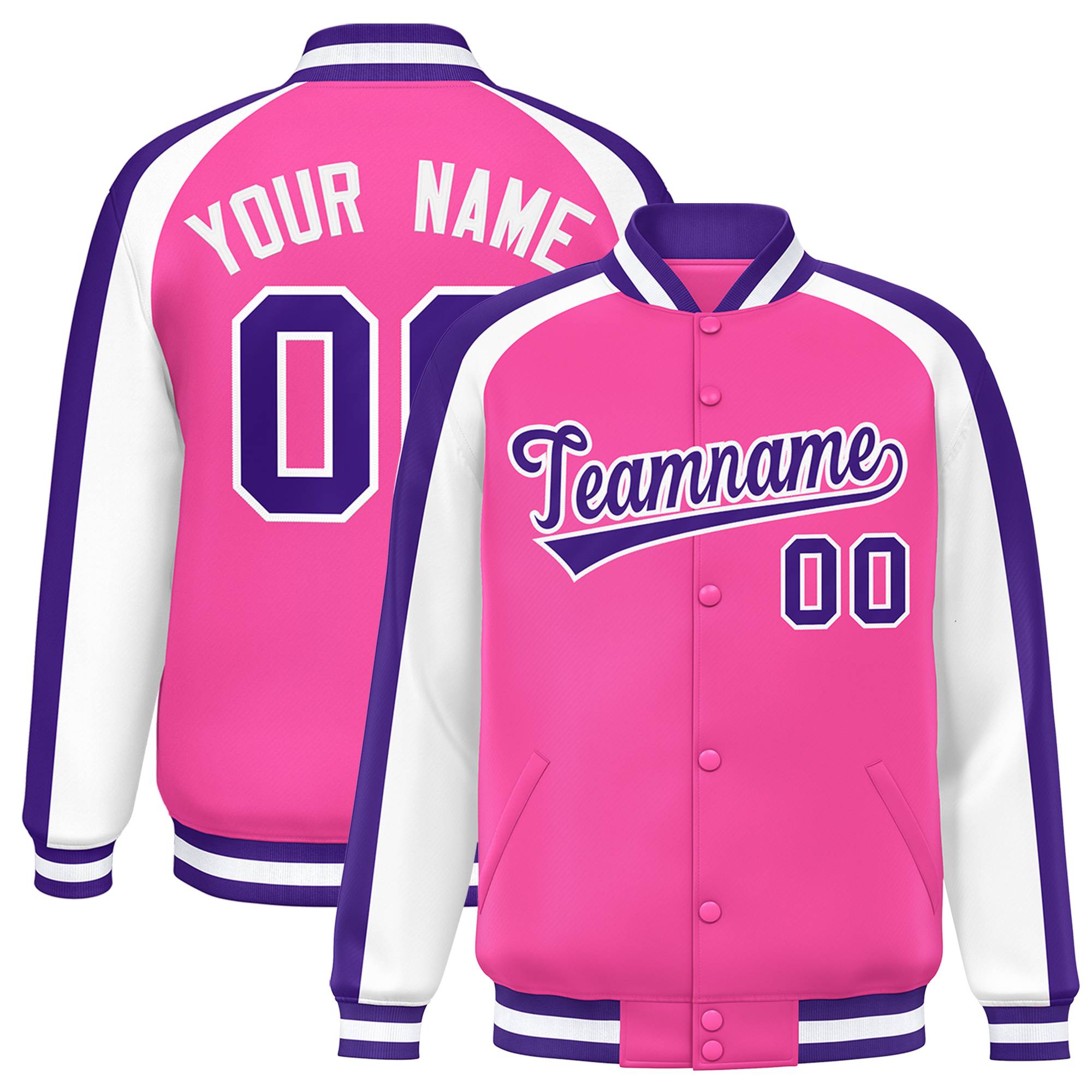 Custom Pink White Varsity Full-Snap Color Block Personalized Raglan Sleeves Letterman Jacket