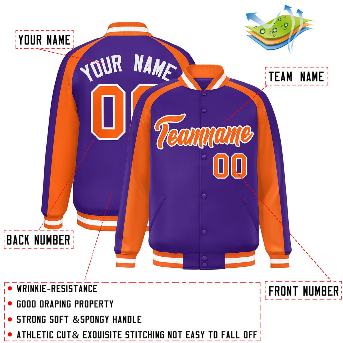 Custom Purple Orange Varsity Full-Snap Color Block Personalized Raglan Sleeves Letterman Jacket