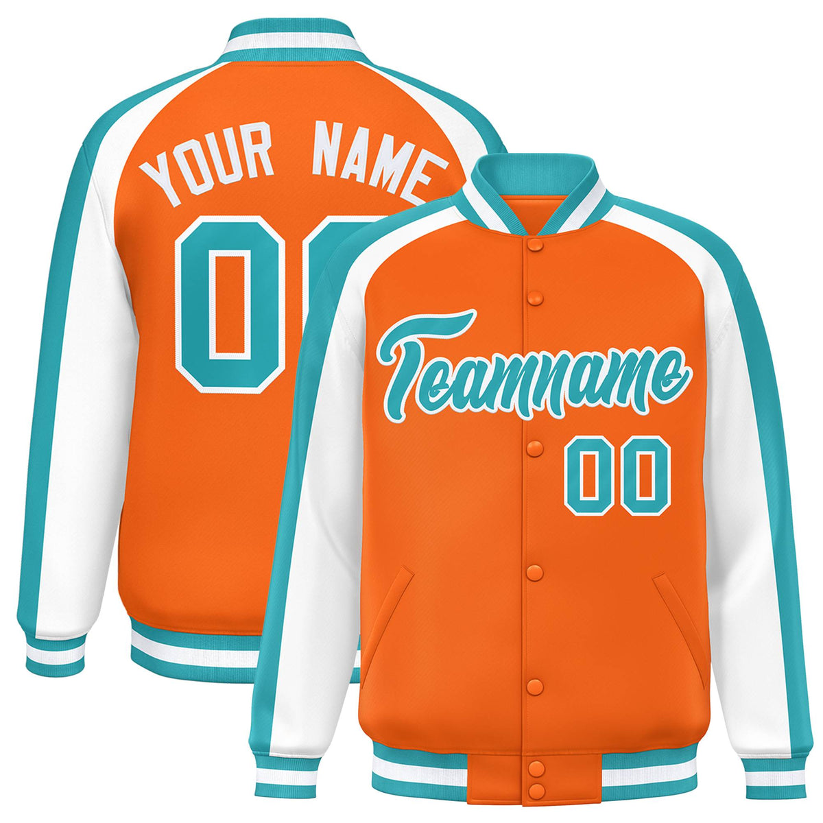 Custom Orange White Varsity Full-Snap Color Block Personalized Raglan Sleeves Letterman Jacket
