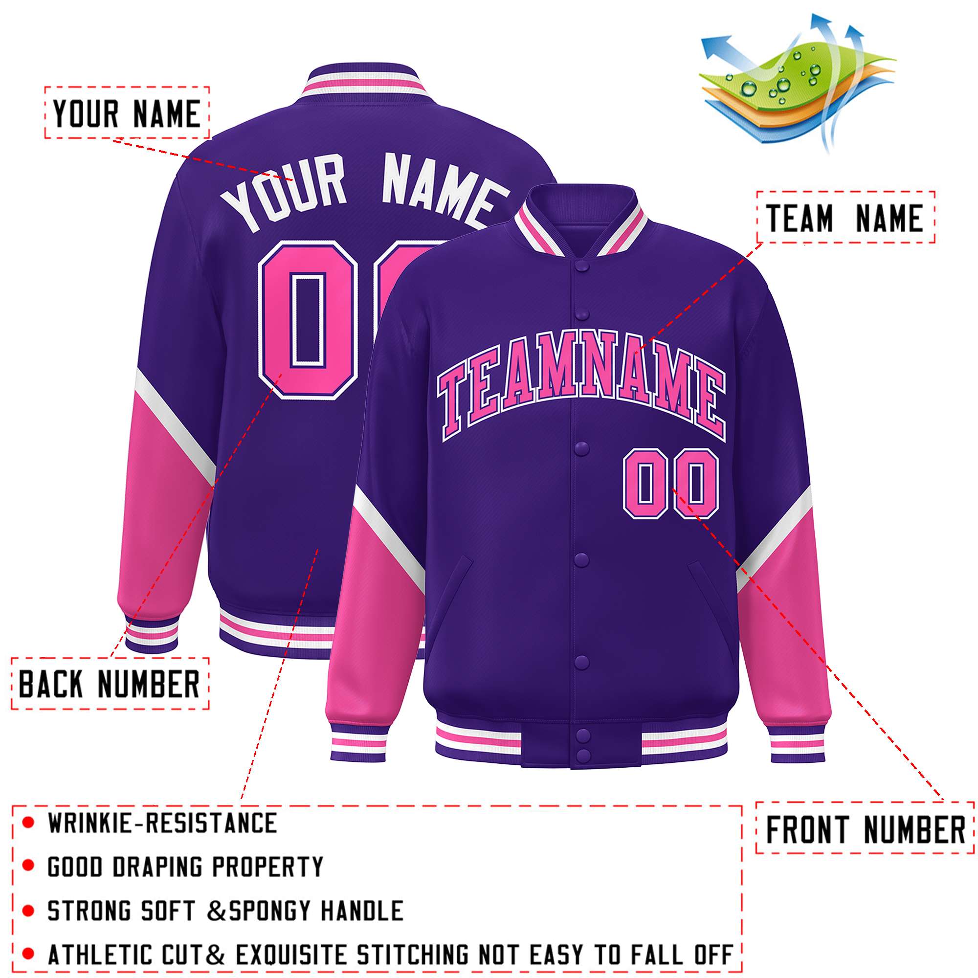 Custom Purple Pink Varsity Full-Snap Color Block Letterman Baseball Jacket