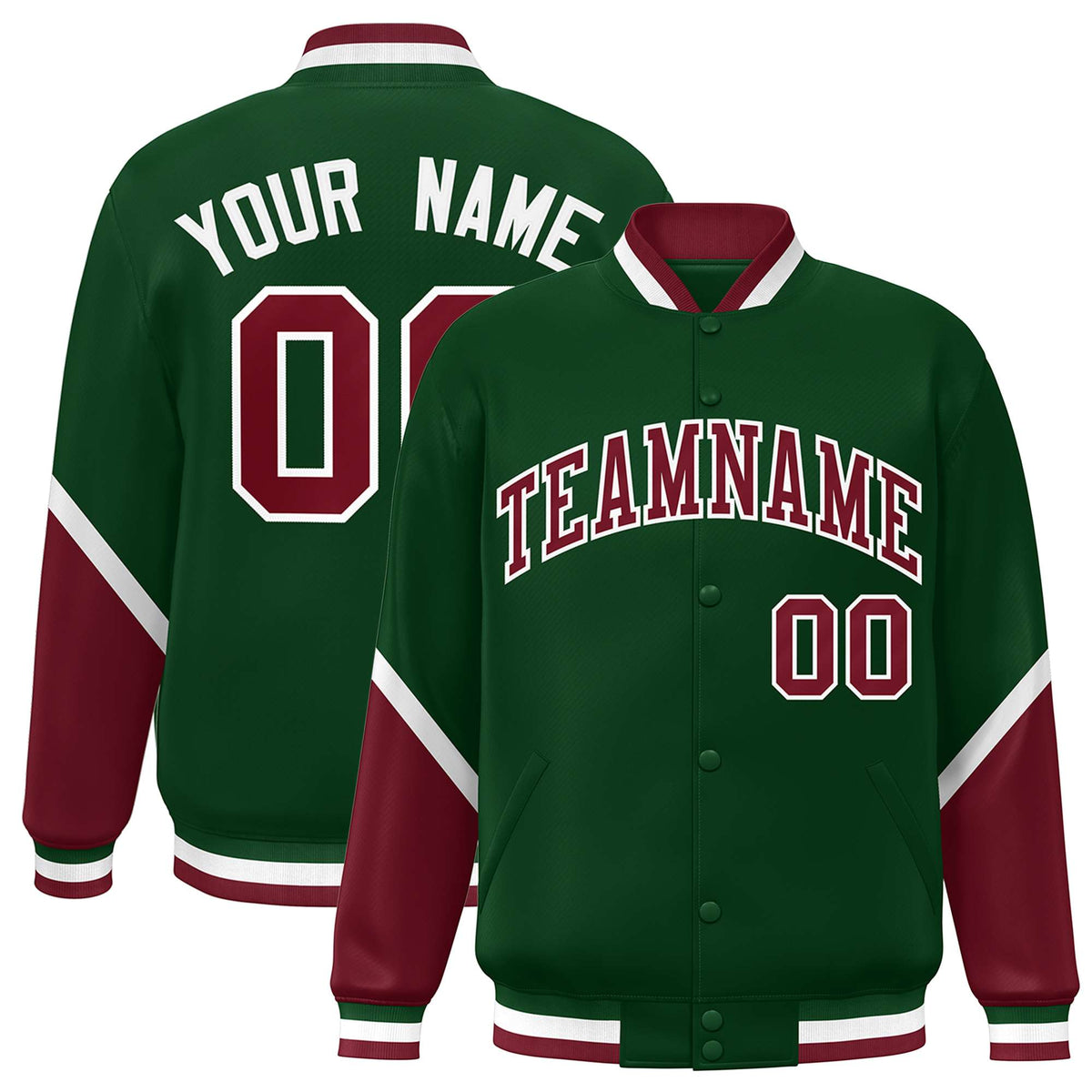 Custom Green Crimson Varsity Full-Snap Color Block Letterman Baseball Jacket