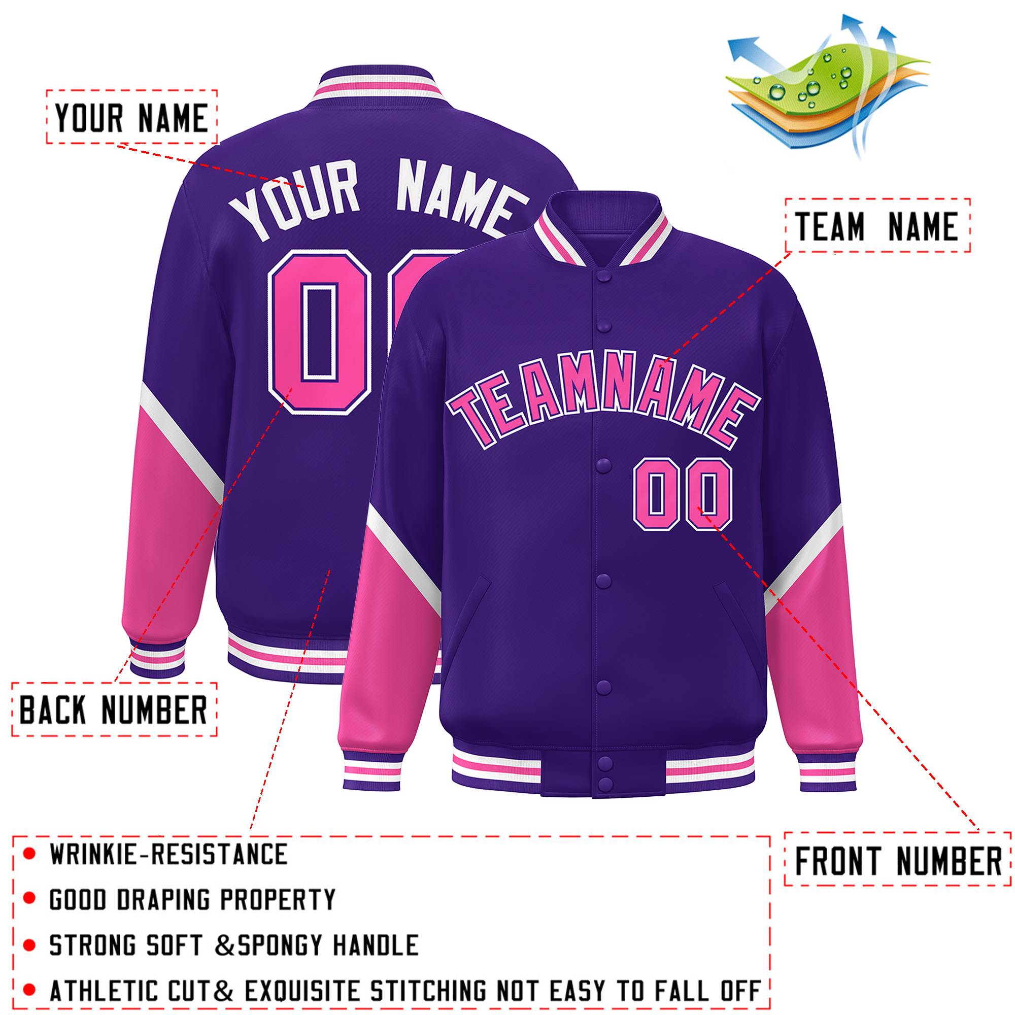 Custom Purple Pink Varsity Full-Snap Color Block Letterman Baseball Jacket