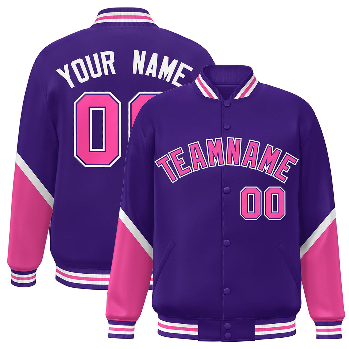 Custom Purple Pink Varsity Full-Snap Color Block Letterman Baseball Jacket