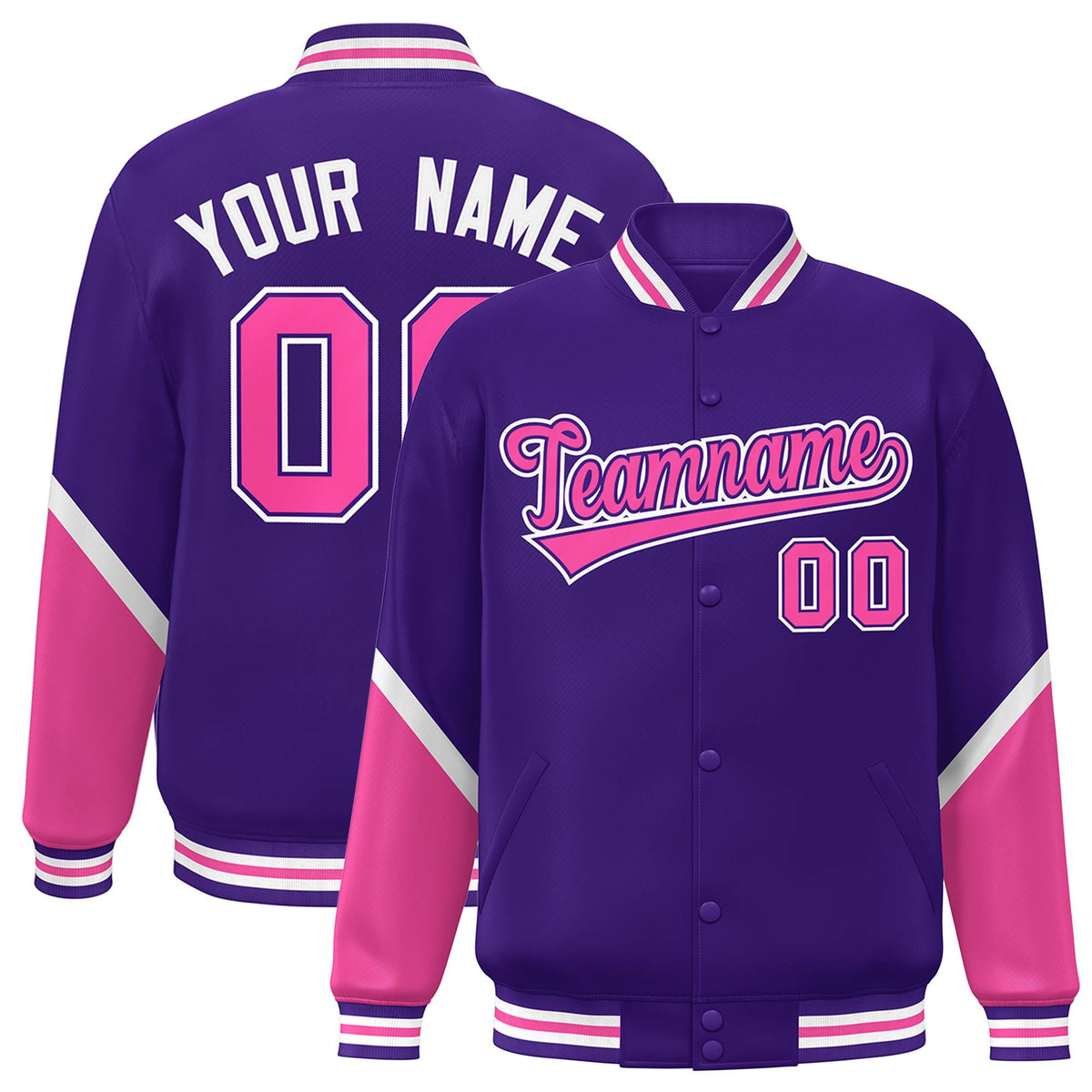Custom Purple Pink Varsity Full-Snap Color Block Letterman Baseball Jacket
