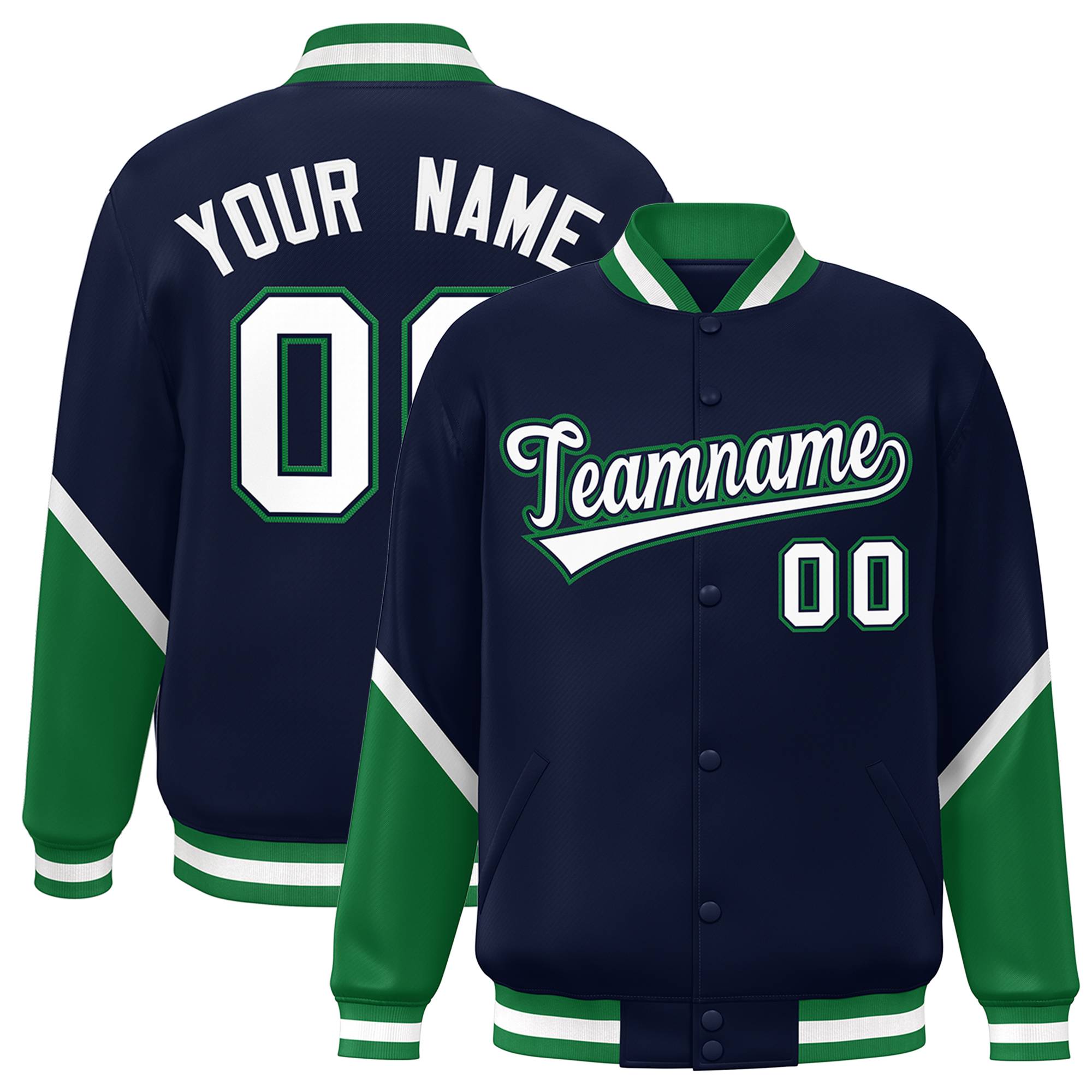 Custom Navy Kelly Green Varsity Full-Snap Color Block Letterman Baseball Jacket