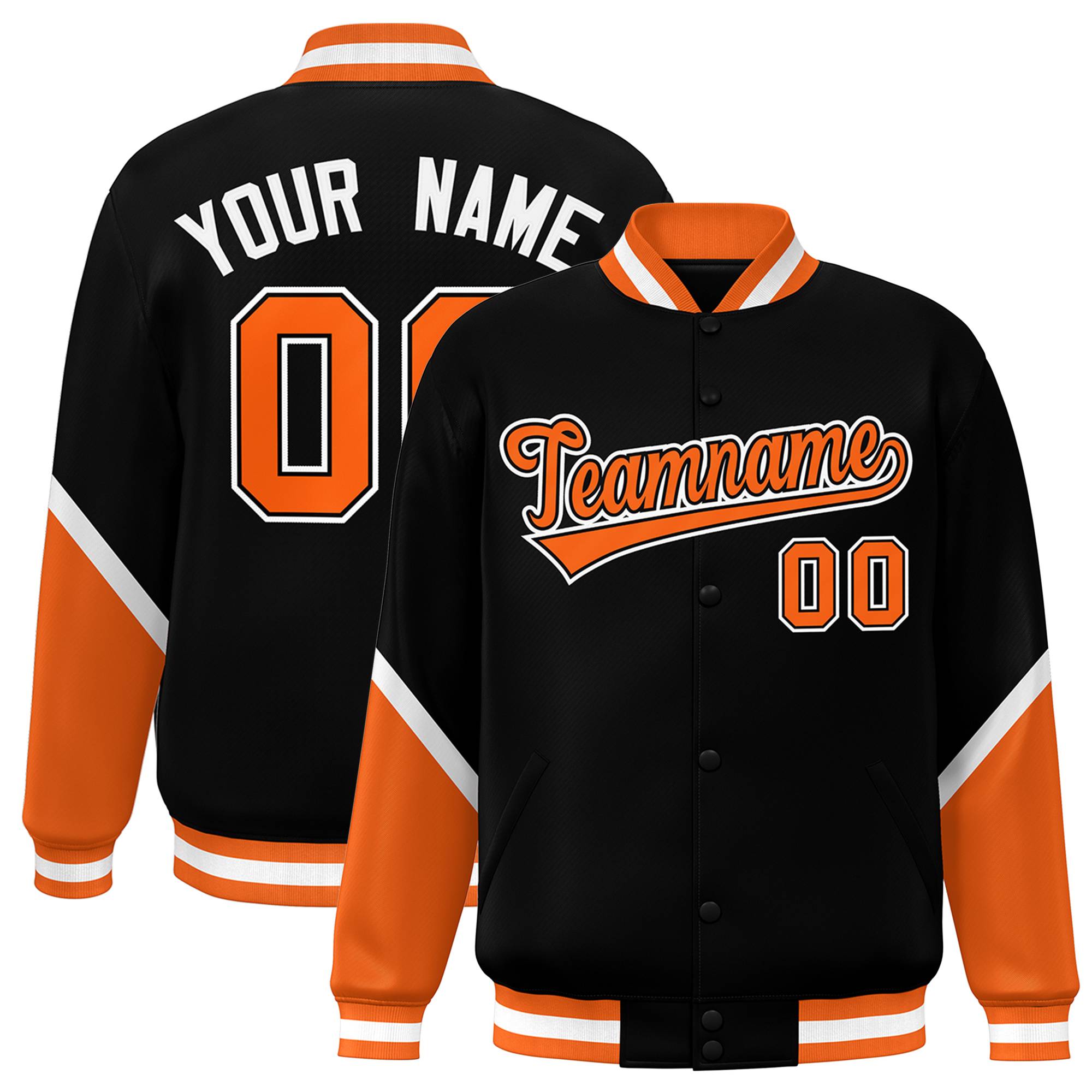 Custom Black Orange Varsity Full-Snap Color Block Letterman Baseball Jacket