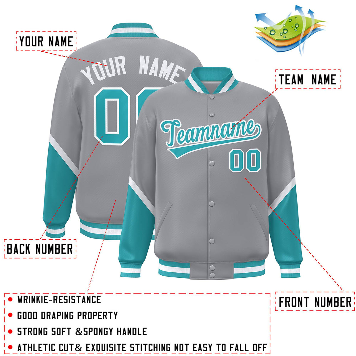 Custom Gray Aqua Varsity Full-Snap Color Block Letterman Baseball Jacket