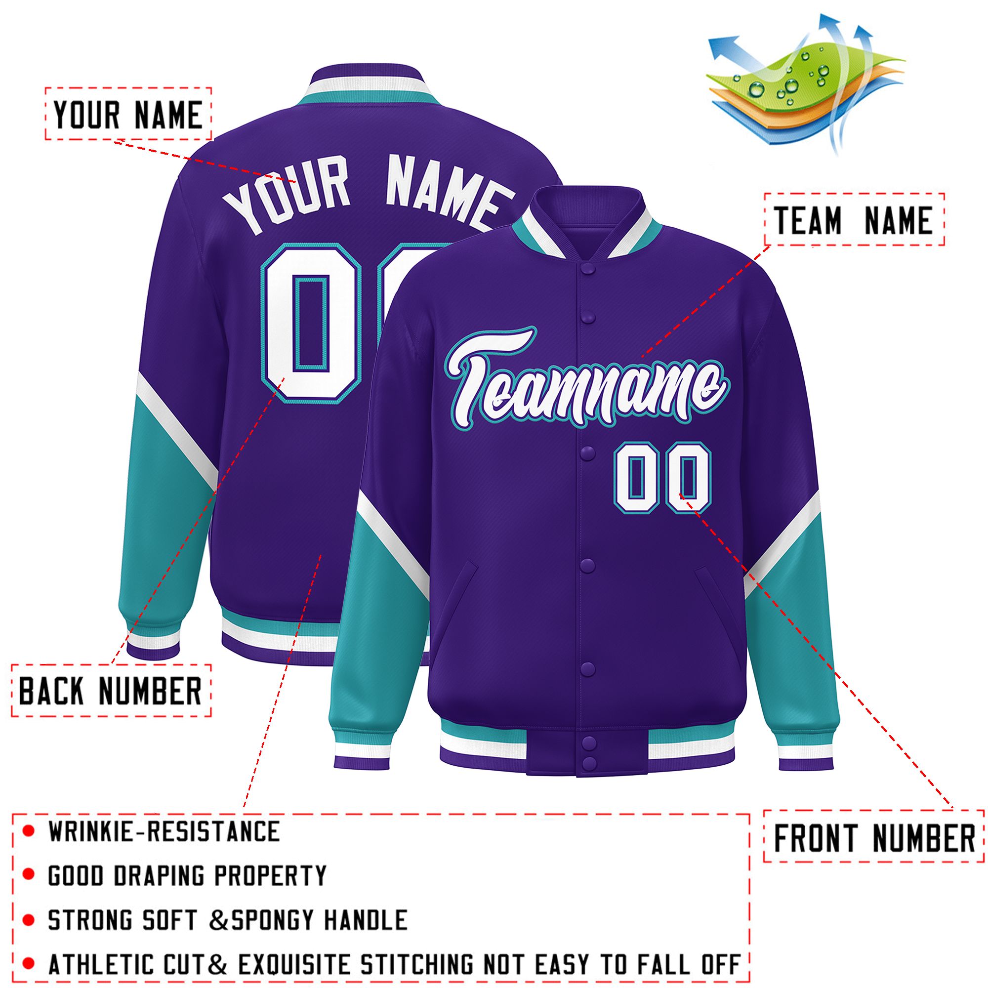 Custom Purple Aqua Varsity Full-Snap Color Block Letterman Baseball Jacket