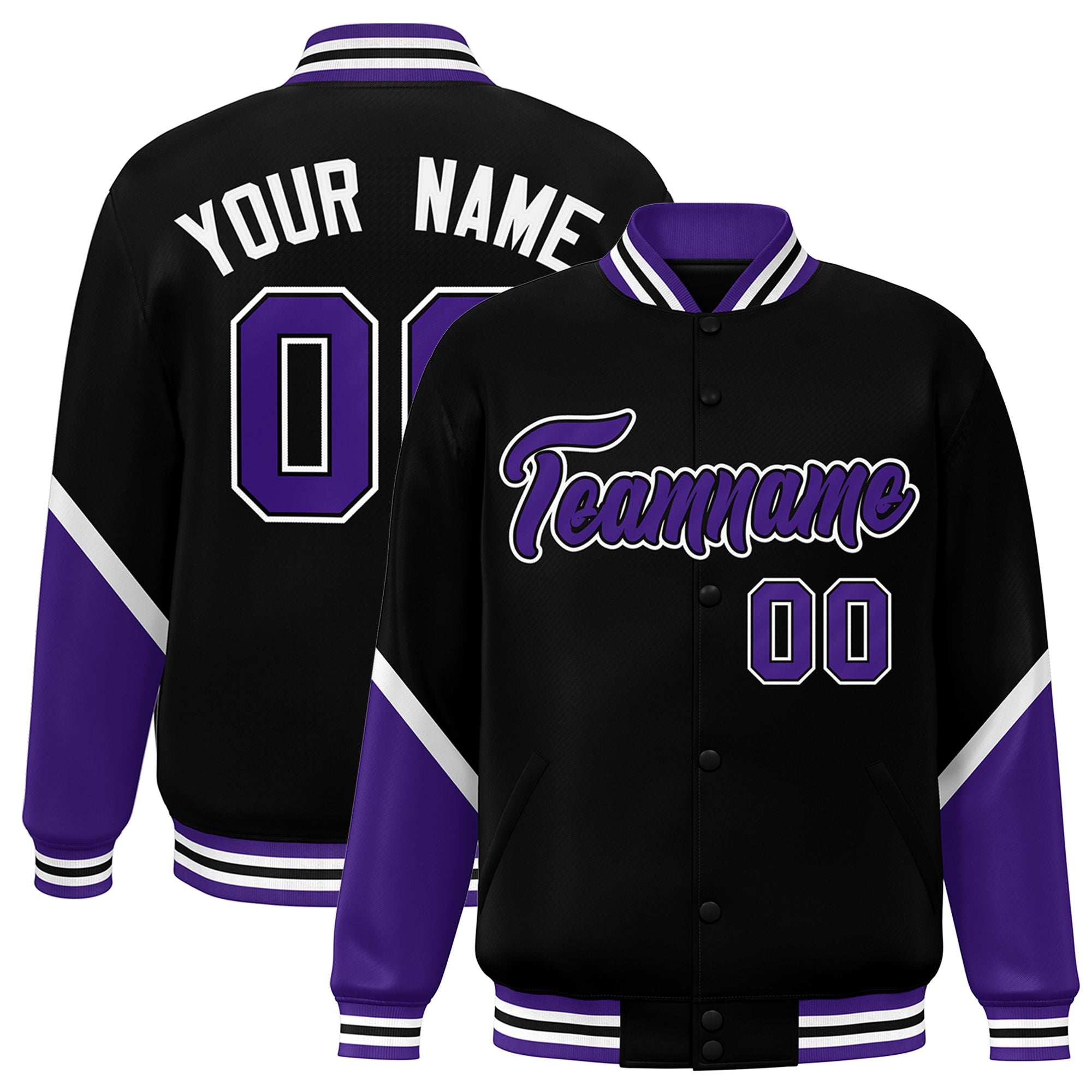 Custom Black Purple Varsity Full-Snap Color Block Letterman Baseball Jacket