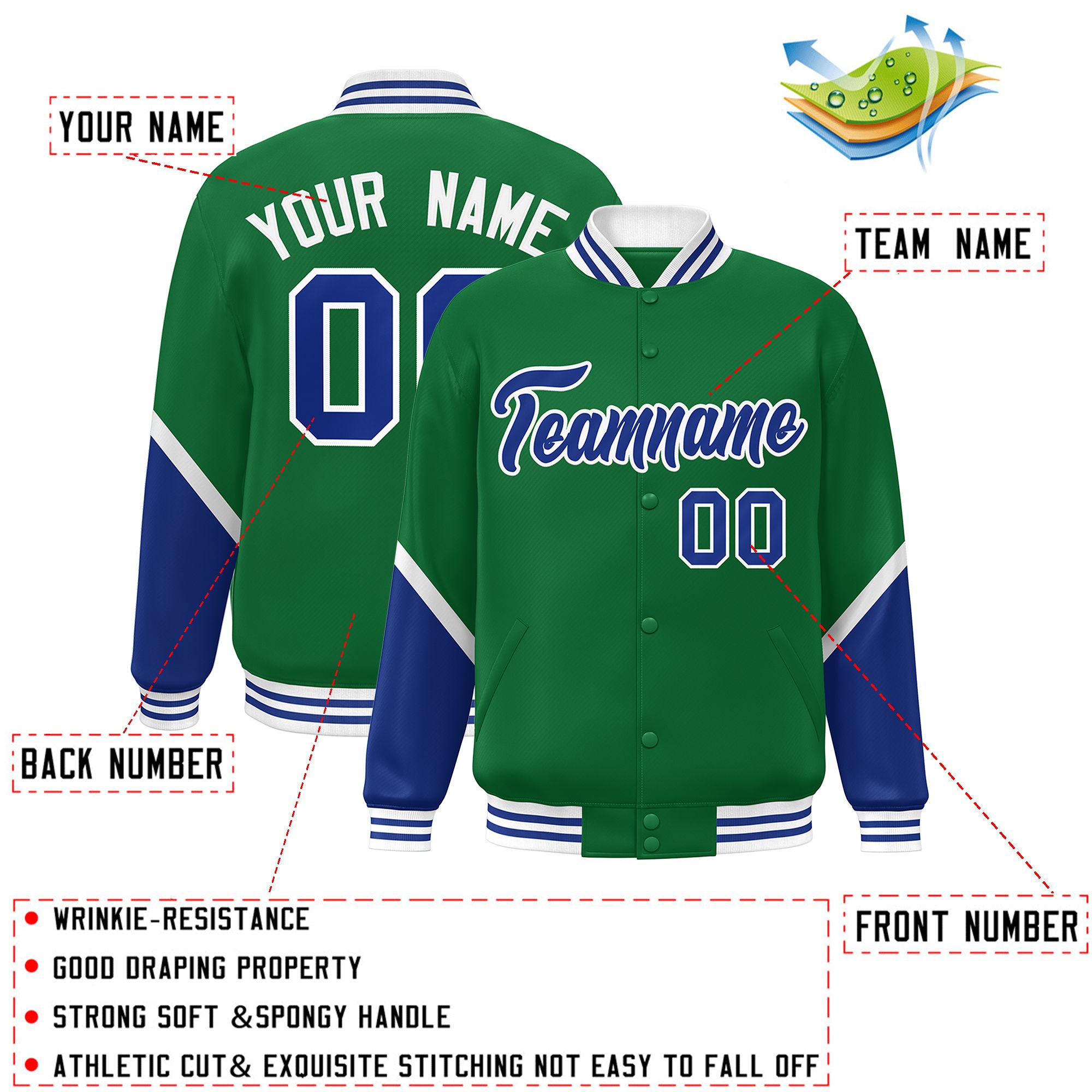 Custom Kelly Green Royal Varsity Full-Snap Color Block Letterman Baseball Jacket