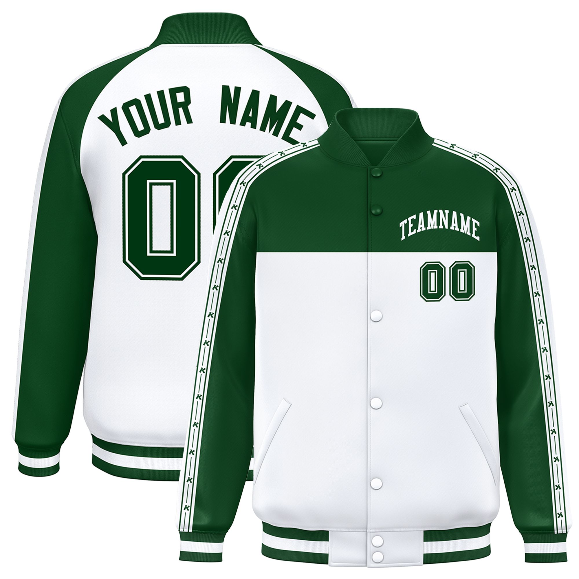 Custom Green White K-Ribbon Raglan Sleeves Varsity Full-Snap Color Block Letterman Jacket