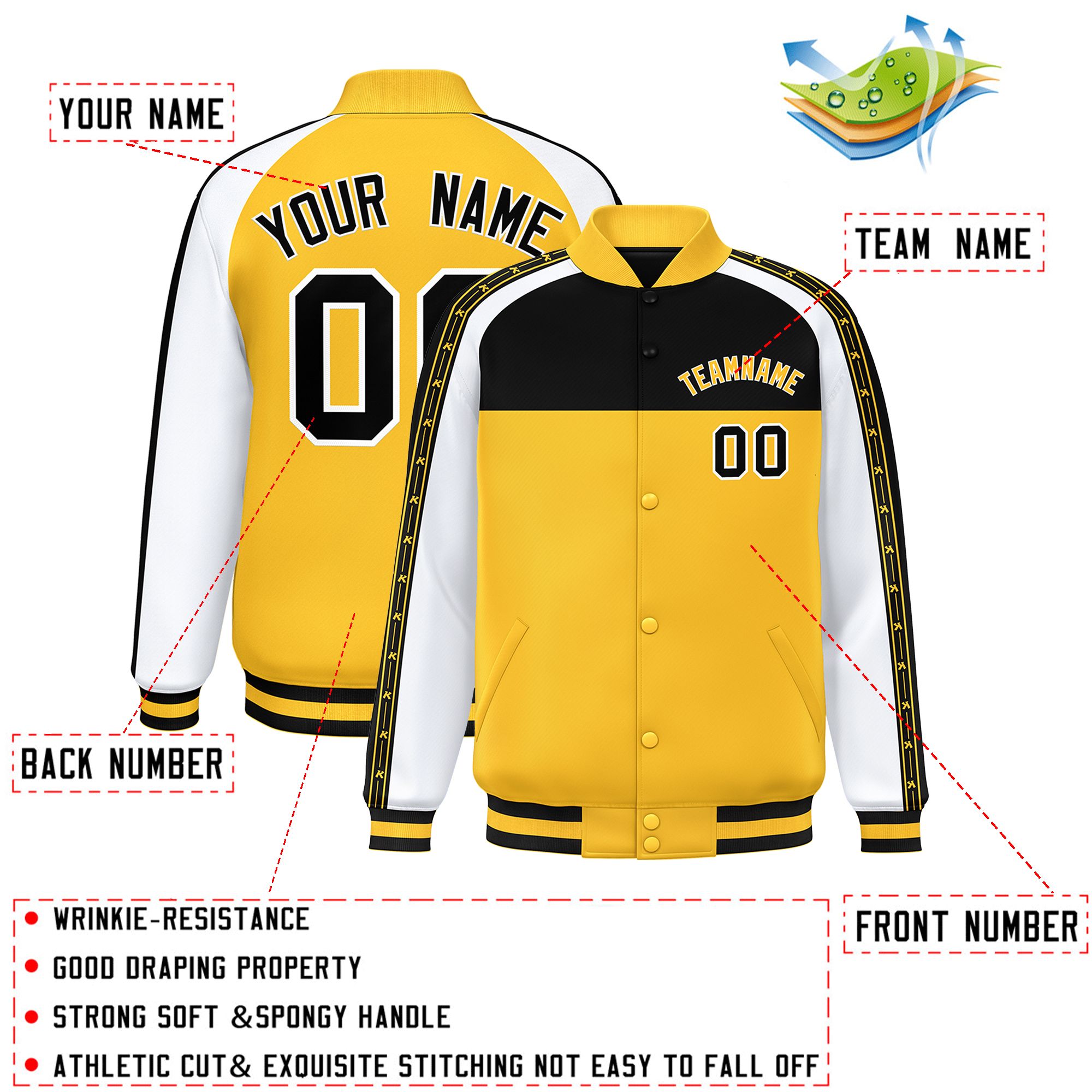 Custom Black Gold K-Ribbon Raglan Sleeves Varsity Full-Snap Color Block Letterman Jacket