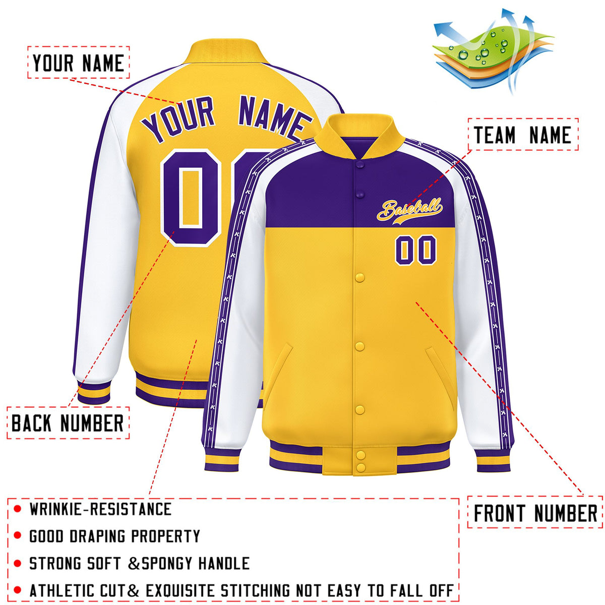 Custom Purple Gold K-Ribbon Raglan Sleeves Varsity Full-Snap Color Block Letterman Jacket