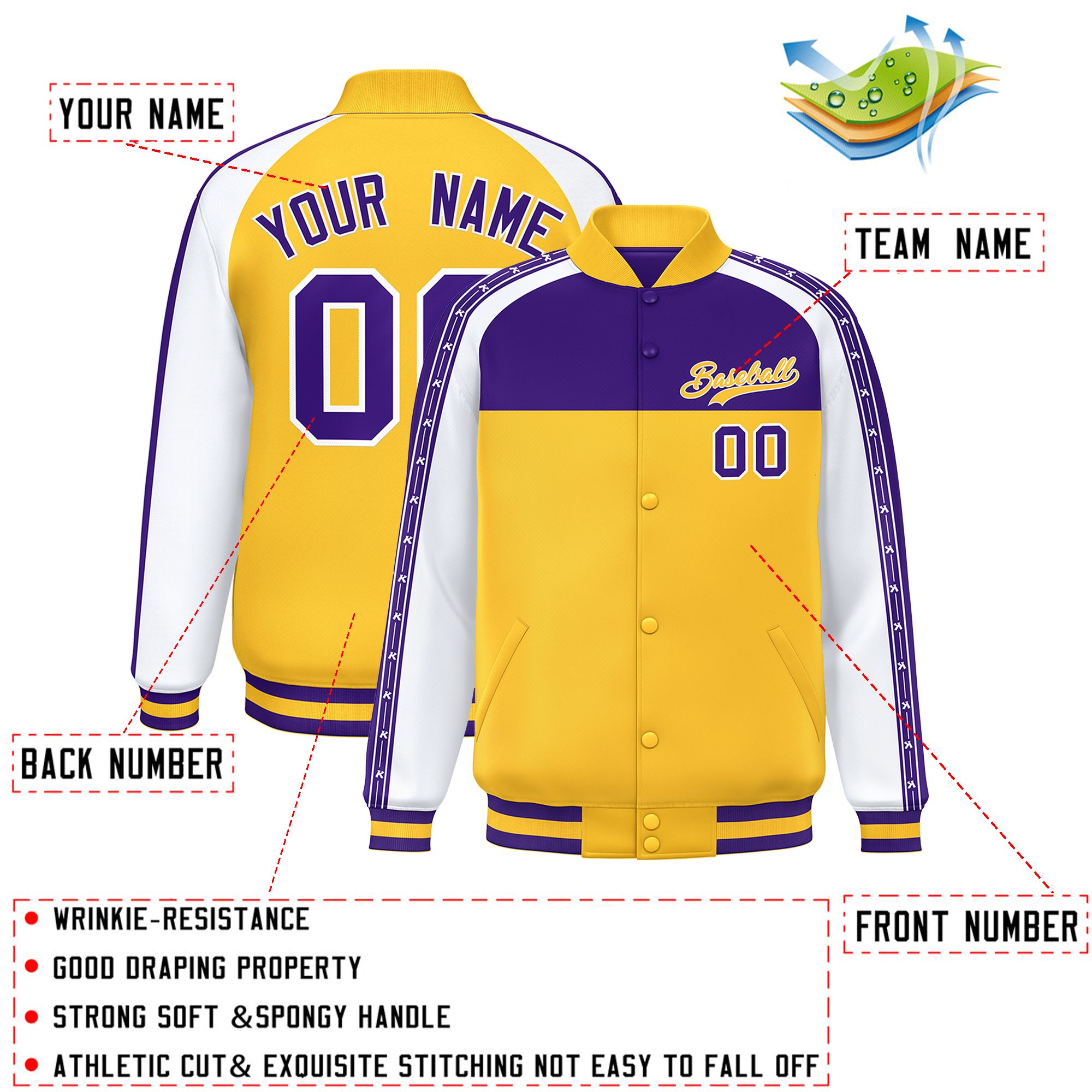 Custom Purple Gold K-Ribbon Raglan Sleeves Varsity Full-Snap Color Block Letterman Jacket