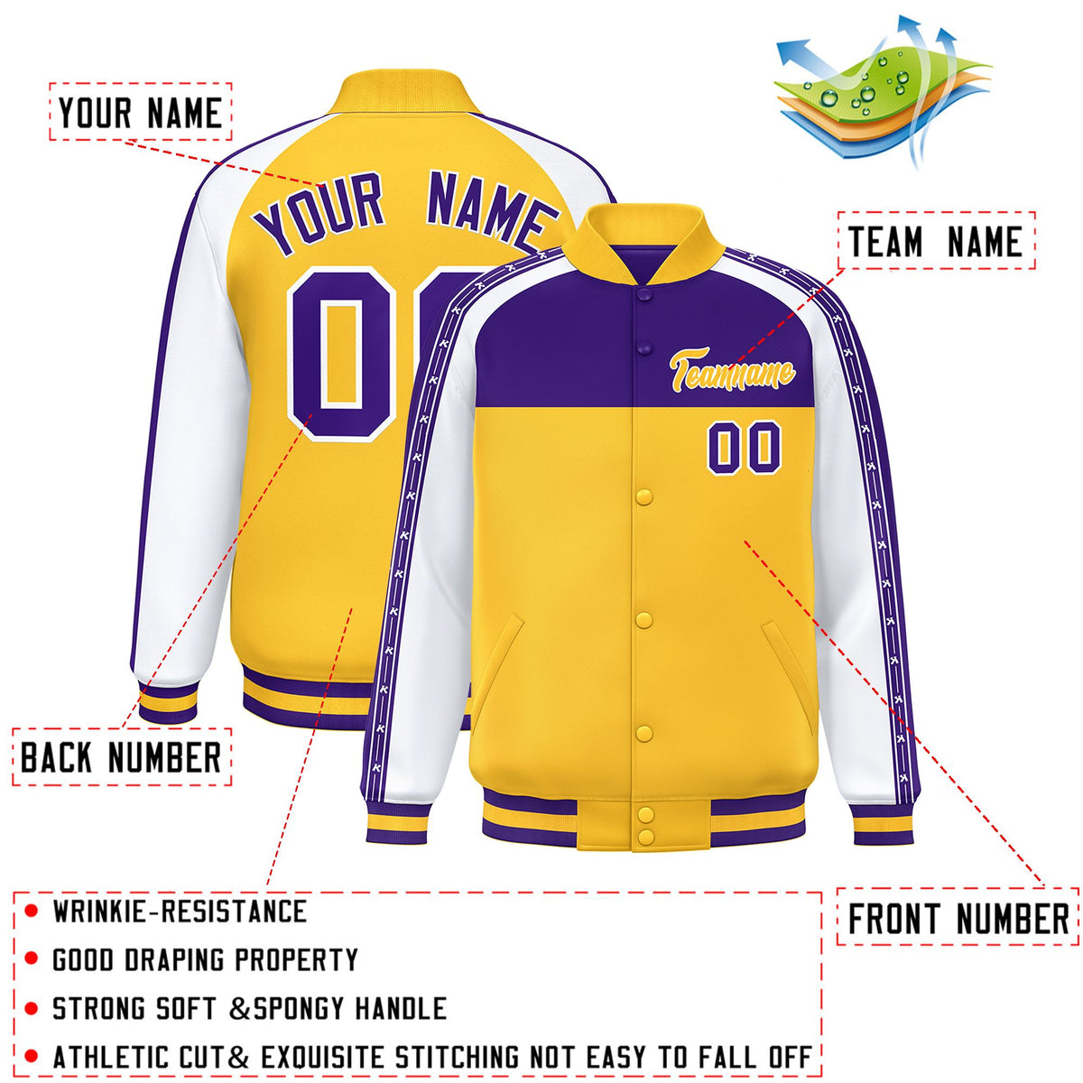 Custom Purple Gold K-Ribbon Raglan Sleeves Varsity Full-Snap Color Block Letterman Jacket