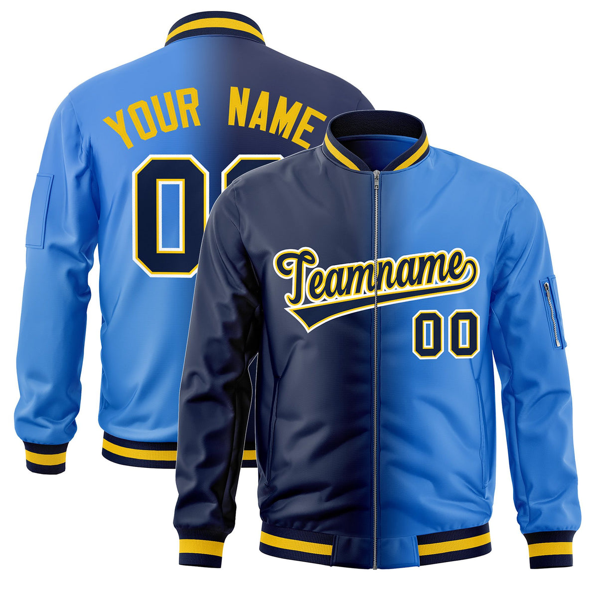 Custom Navy Powder Blue Full-Zip Gradient Fashion Letterman Bomber Jacket