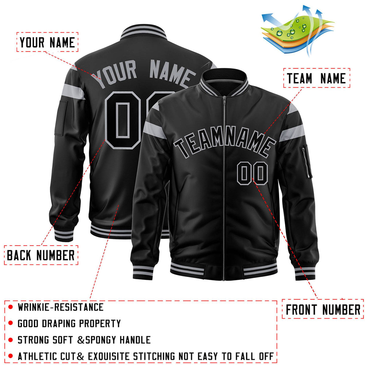 Custom Black Silver-Black Varsity Full-Zip Shoulder Color Block Letterman Bomber Jacket